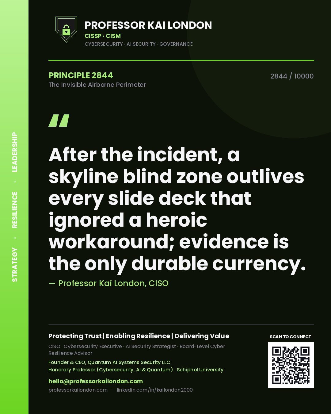 Quote card by Professor Kai London reading 'After the incident, a skyline blind zone outlives every slide deck that ignored a heroic workaround; evidence is the only durable currency.'. From the book The Invisible Airborne Perimeter.