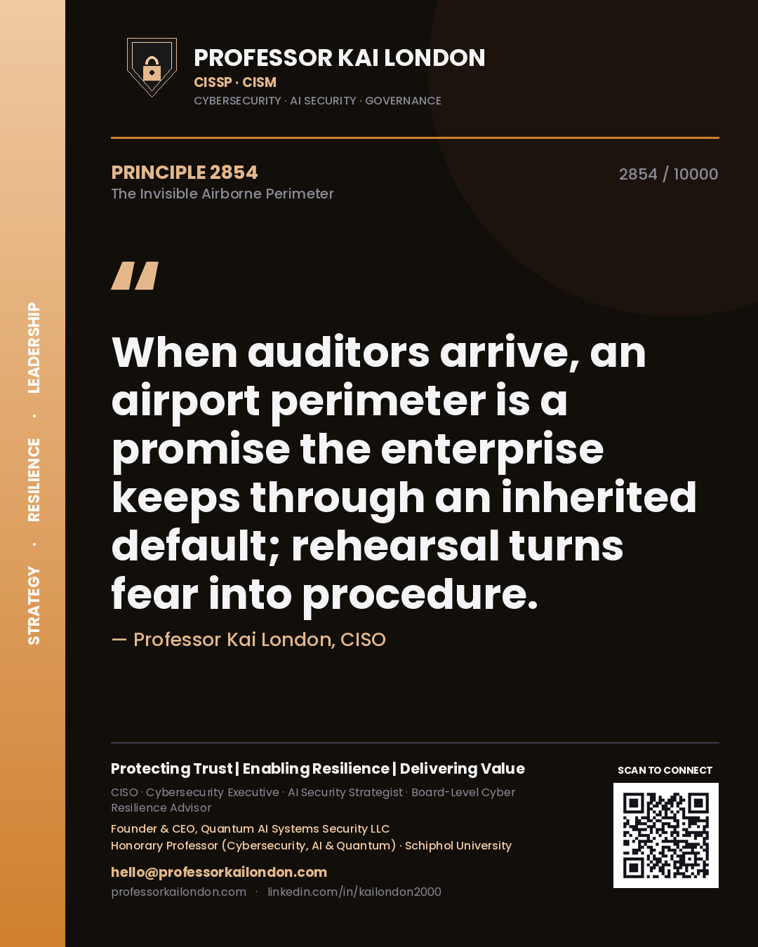 Professor Kai London principle 2854: When auditors arrive, an airport perimeter is a promise the enterprise keeps through an inherited default; rehearsal turns fear into procedure.