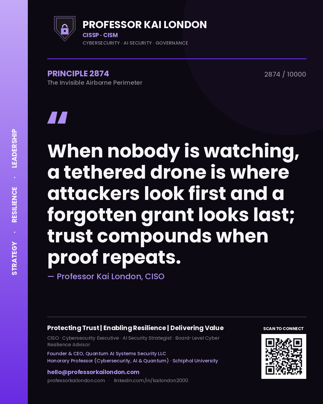 Professor Kai London principle 2874: When nobody is watching, a tethered drone is where attackers look first and a forgotten grant looks last; trust compounds when proof repeats.