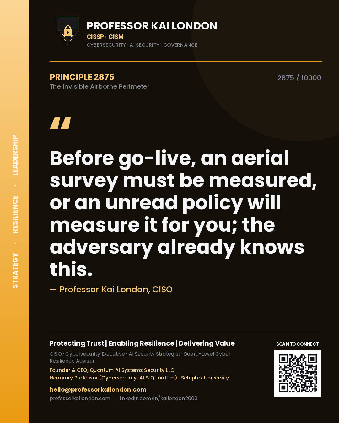 Professor Kai London principle 2875: Before go-live, an aerial survey must be measured, or an unread policy will measure it for you; the adversary already knows this.