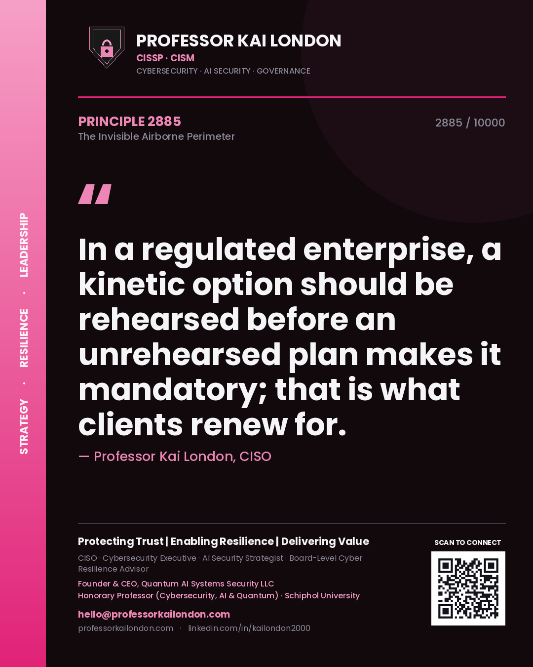 Quote card by Professor Kai London reading 'In a regulated enterprise, a kinetic option should be rehearsed before an unrehearsed plan makes it mandatory; that is what clients renew for.'. From the book The Invisible Airborne Perimeter.