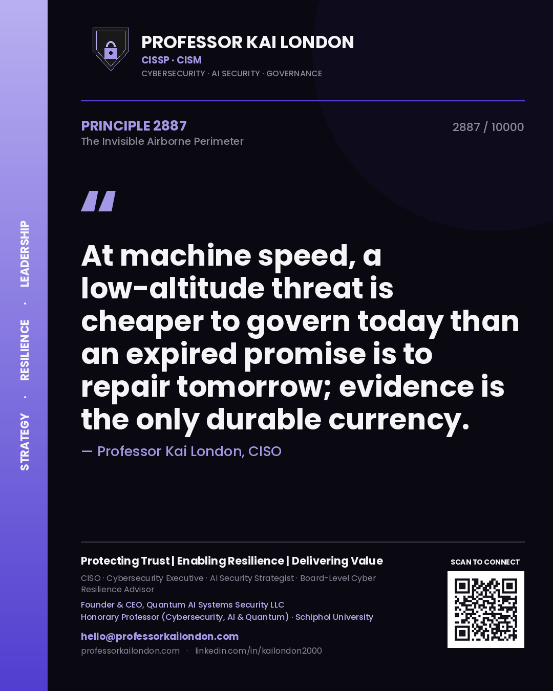 Quote card by Professor Kai London reading 'At machine speed, a low-altitude threat is cheaper to govern today than an expired promise is to repair tomorrow; evidence is the only durable currency.'. From the book The Invisible Airborne Perimeter.