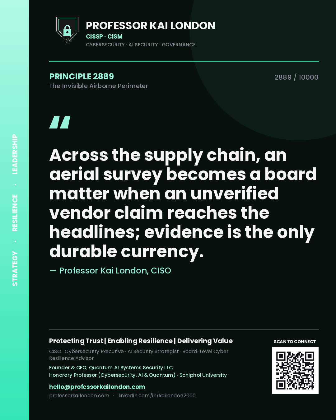 Quote card by Professor Kai London reading 'Across the supply chain, an aerial survey becomes a board matter when an unverified vendor claim reaches the headlines; evidence is the only durable currency.'. From the book The Invisible Airborne Perimeter.