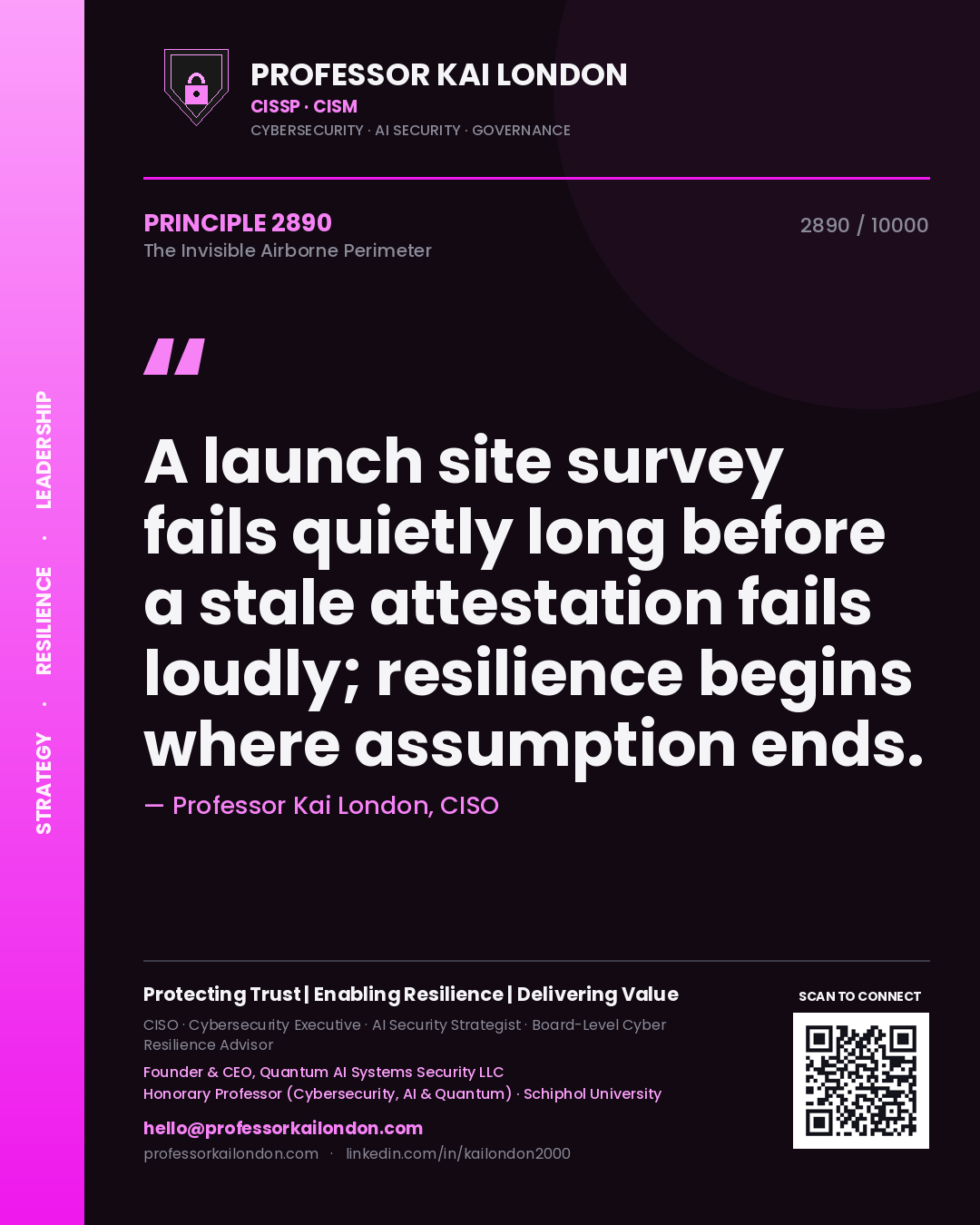 Quote card by Professor Kai London reading 'A launch site survey fails quietly long before a stale attestation fails loudly; resilience begins where assumption ends.'. From the book The Invisible Airborne Perimeter.