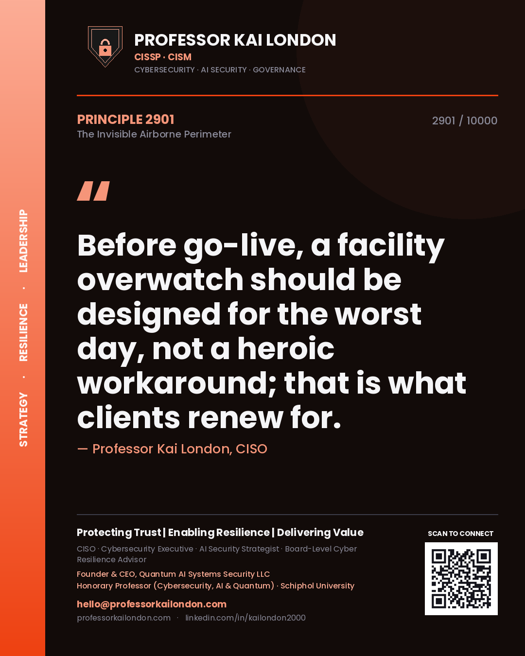 Professor Kai London principle 2901: Before go-live, a facility overwatch should be designed for the worst day, not a heroic workaround; that is what clients renew for.