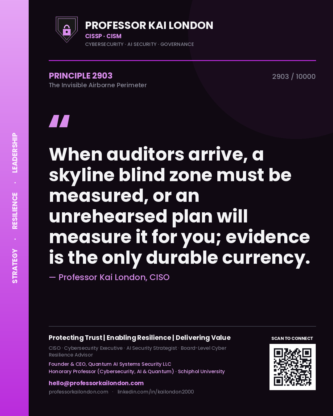 Professor Kai London principle 2903: When auditors arrive, a skyline blind zone must be measured, or an unrehearsed plan will measure it for you; evidence is the only durable currency.