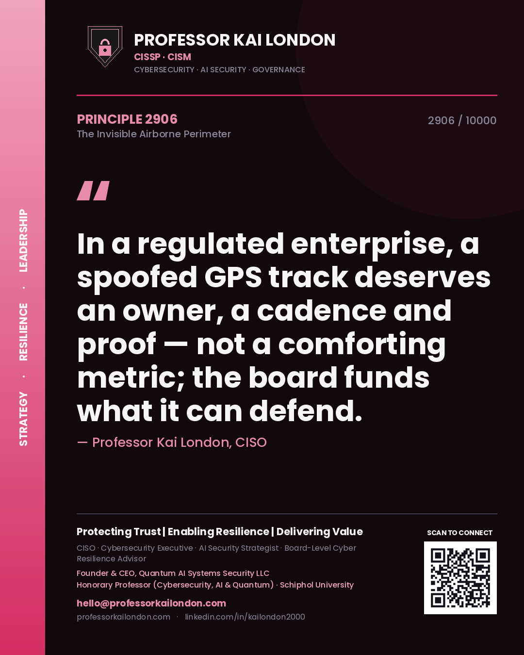Quote card by Professor Kai London reading 'In a regulated enterprise, a spoofed GPS track deserves an owner, a cadence and proof — not a comforting metric; the board funds what it can defend.'. From the book The Invisible Airborne Perimeter.