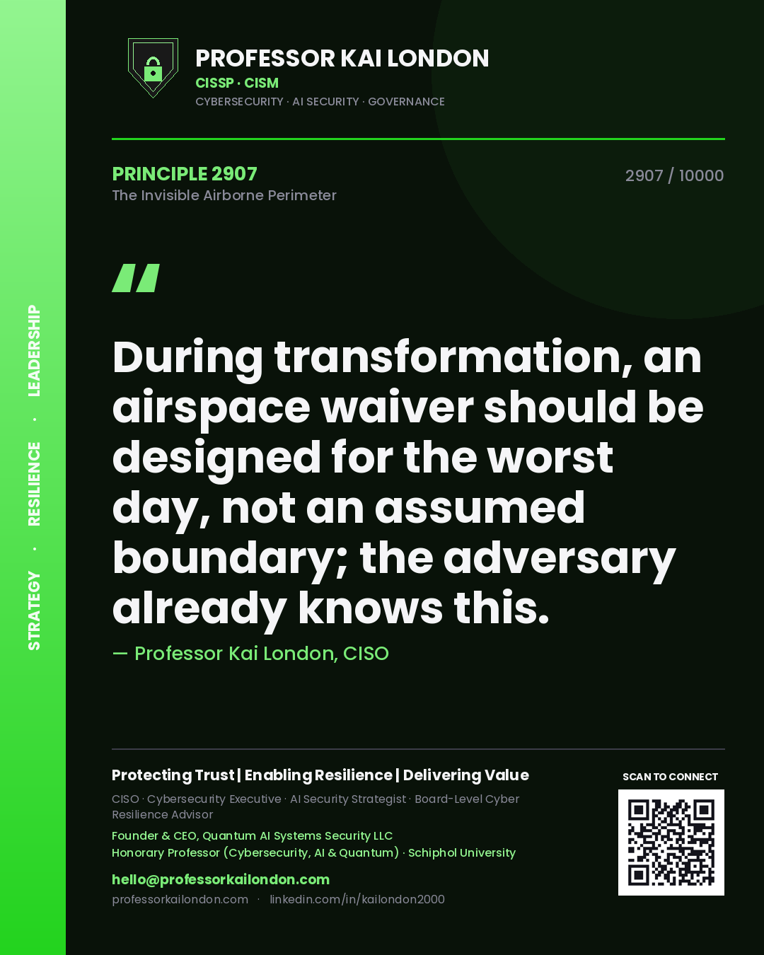 Professor Kai London principle 2907: During transformation, an airspace waiver should be designed for the worst day, not an assumed boundary; the adversary already knows this.
