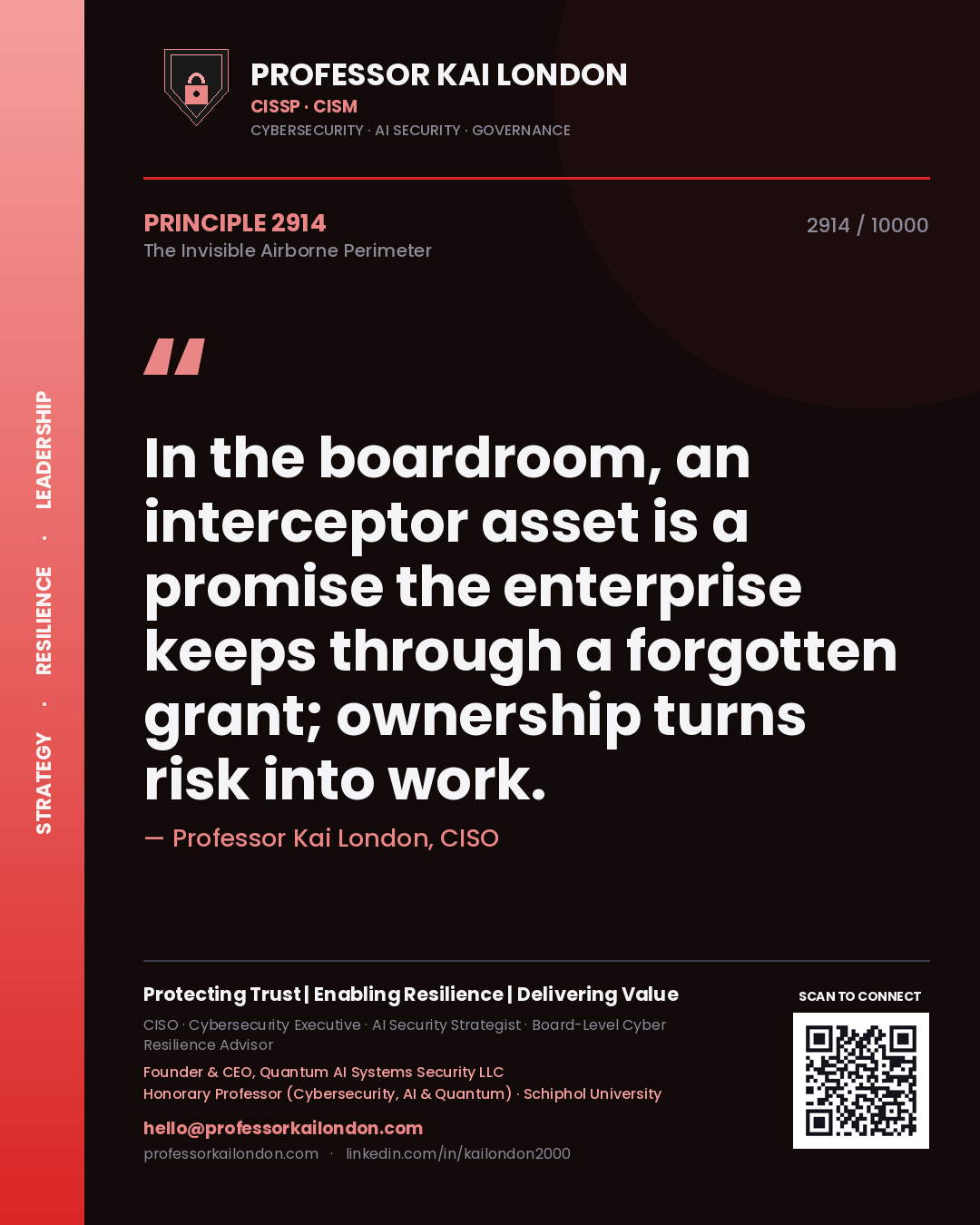 Quote card by Professor Kai London reading 'In the boardroom, an interceptor asset is a promise the enterprise keeps through a forgotten grant; ownership turns risk into work.'. From the book The Invisible Airborne Perimeter.