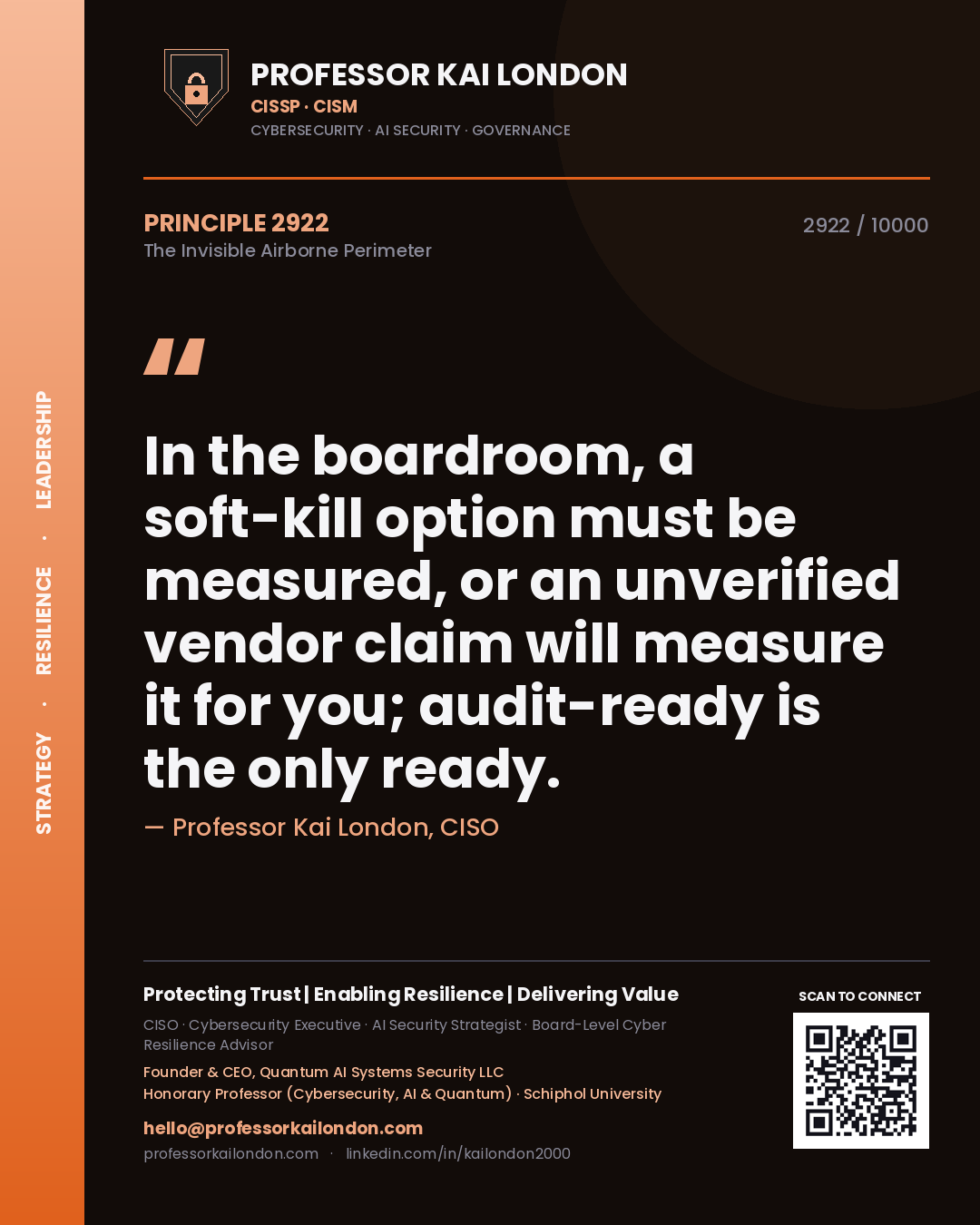 Professor Kai London principle 2922: In the boardroom, a soft-kill option must be measured, or an unverified vendor claim will measure it for you; audit-ready is the only ready.
