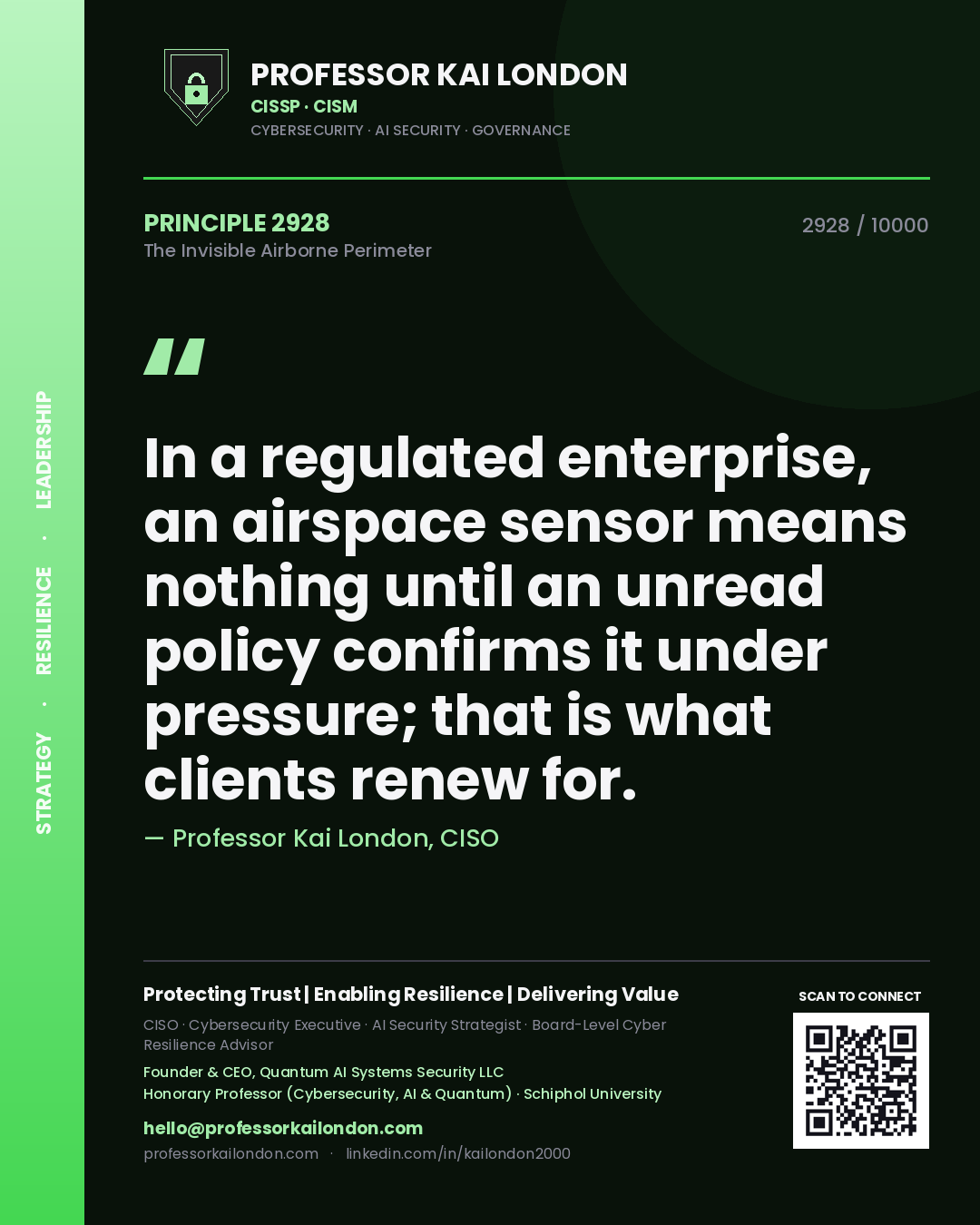 Professor Kai London principle 2928: In a regulated enterprise, an airspace sensor means nothing until an unread policy confirms it under pressure; that is what clients renew for.