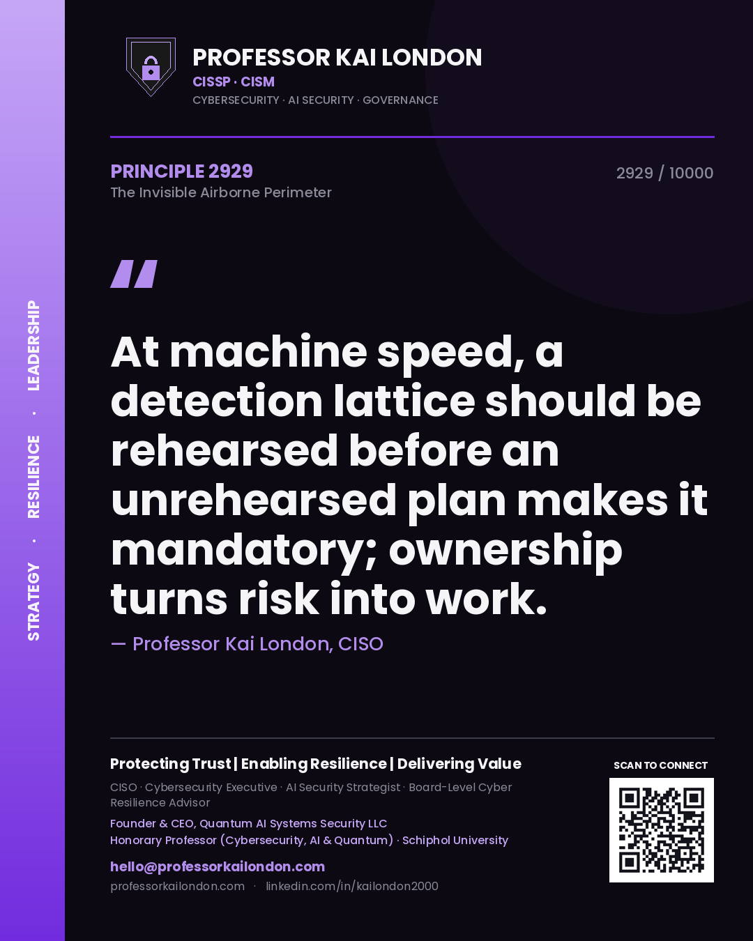 Professor Kai London principle 2929: At machine speed, a detection lattice should be rehearsed before an unrehearsed plan makes it mandatory; ownership turns risk into work.