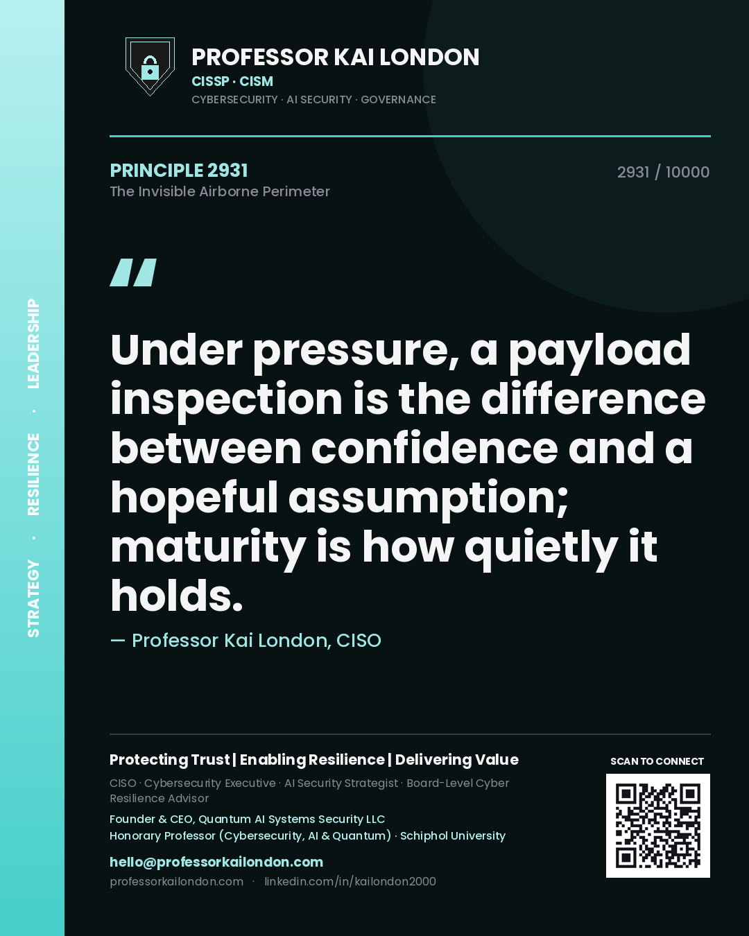 Quote card by Professor Kai London reading 'Under pressure, a payload inspection is the difference between confidence and a hopeful assumption; maturity is how quietly it holds.'. From the book The Invisible Airborne Perimeter.