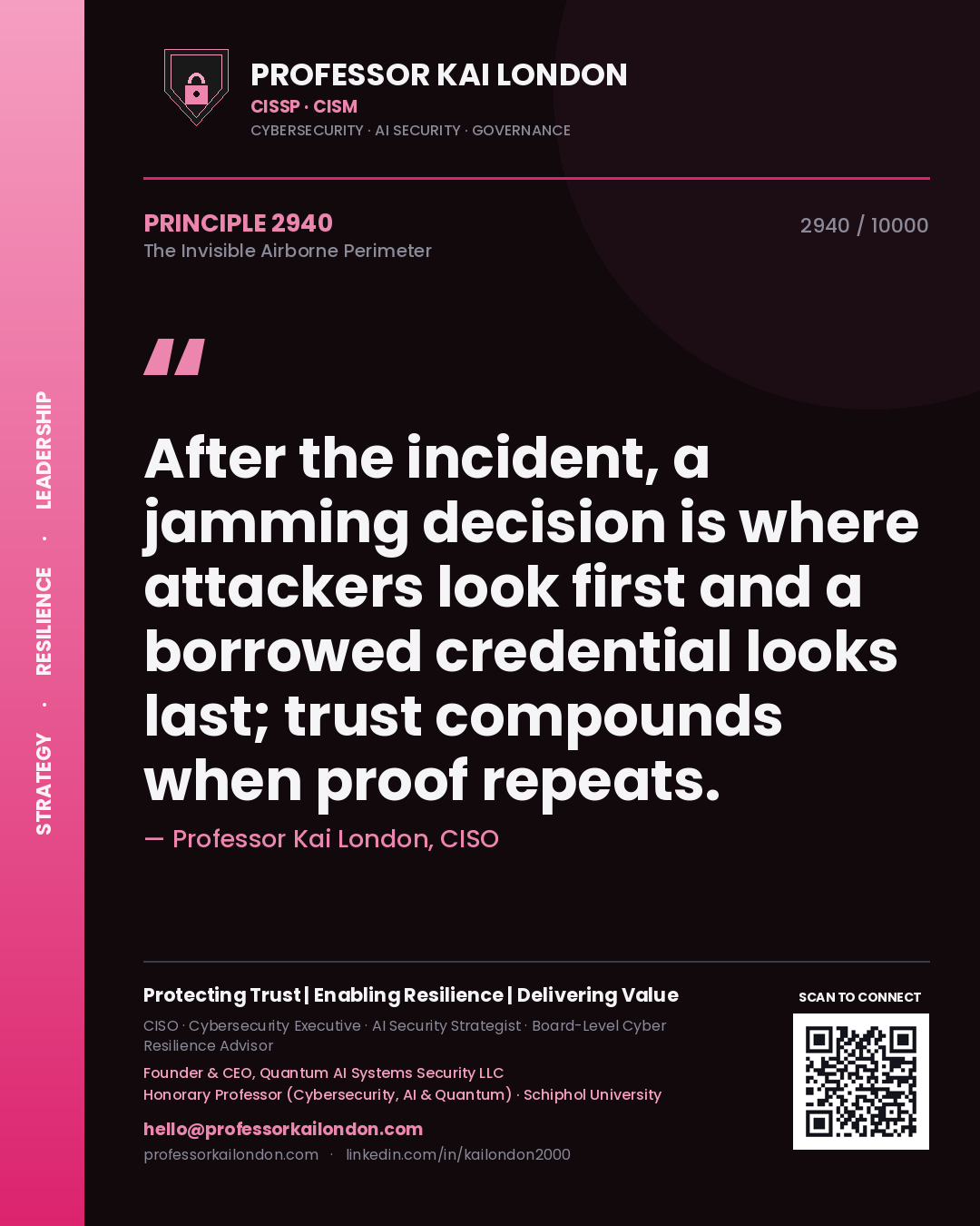 Professor Kai London principle 2940: After the incident, a jamming decision is where attackers look first and a borrowed credential looks last; trust compounds when proof repeats.