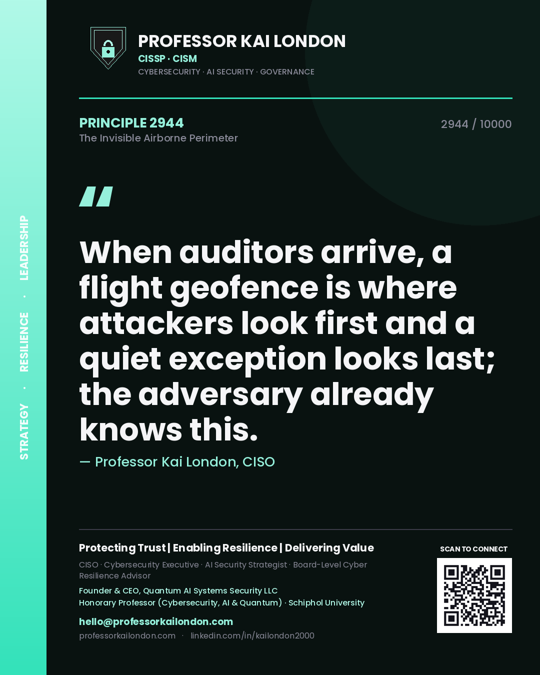 Professor Kai London principle 2944: When auditors arrive, a flight geofence is where attackers look first and a quiet exception looks last; the adversary already knows this.