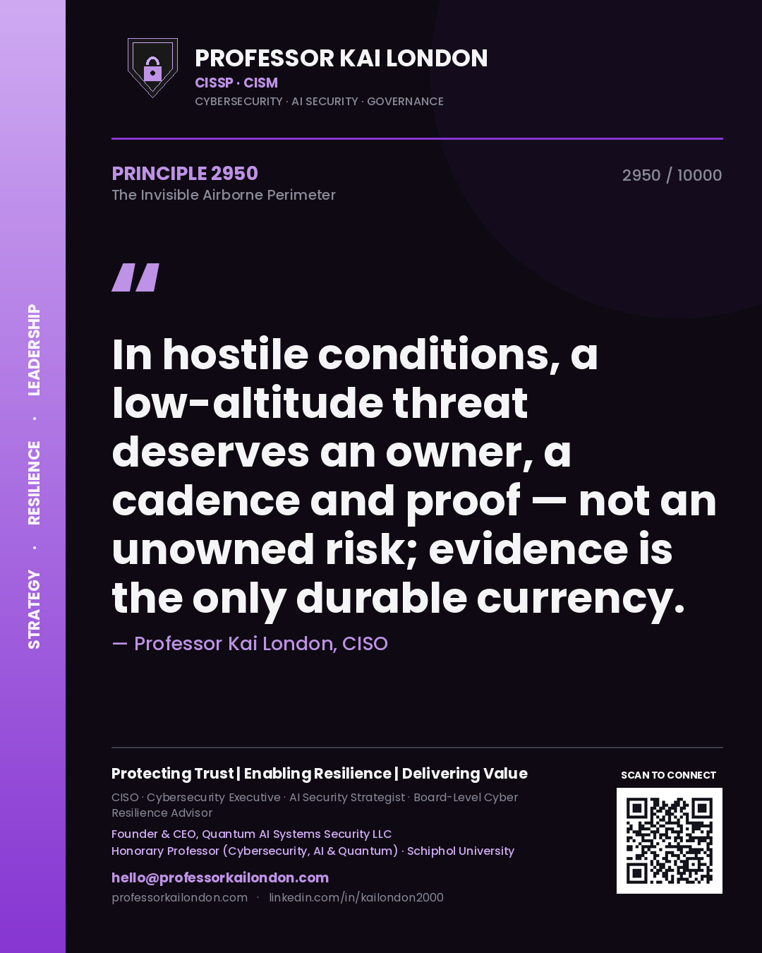 Professor Kai London principle 2950: In hostile conditions, a low-altitude threat deserves an owner, a cadence and proof — not an unowned risk; evidence is the only durable currency.