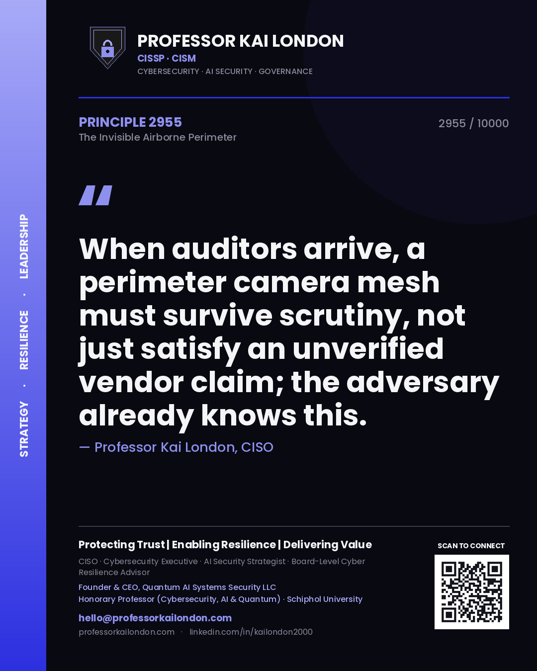 Professor Kai London principle 2955: When auditors arrive, a perimeter camera mesh must survive scrutiny, not just satisfy an unverified vendor claim; the adversary already knows this.