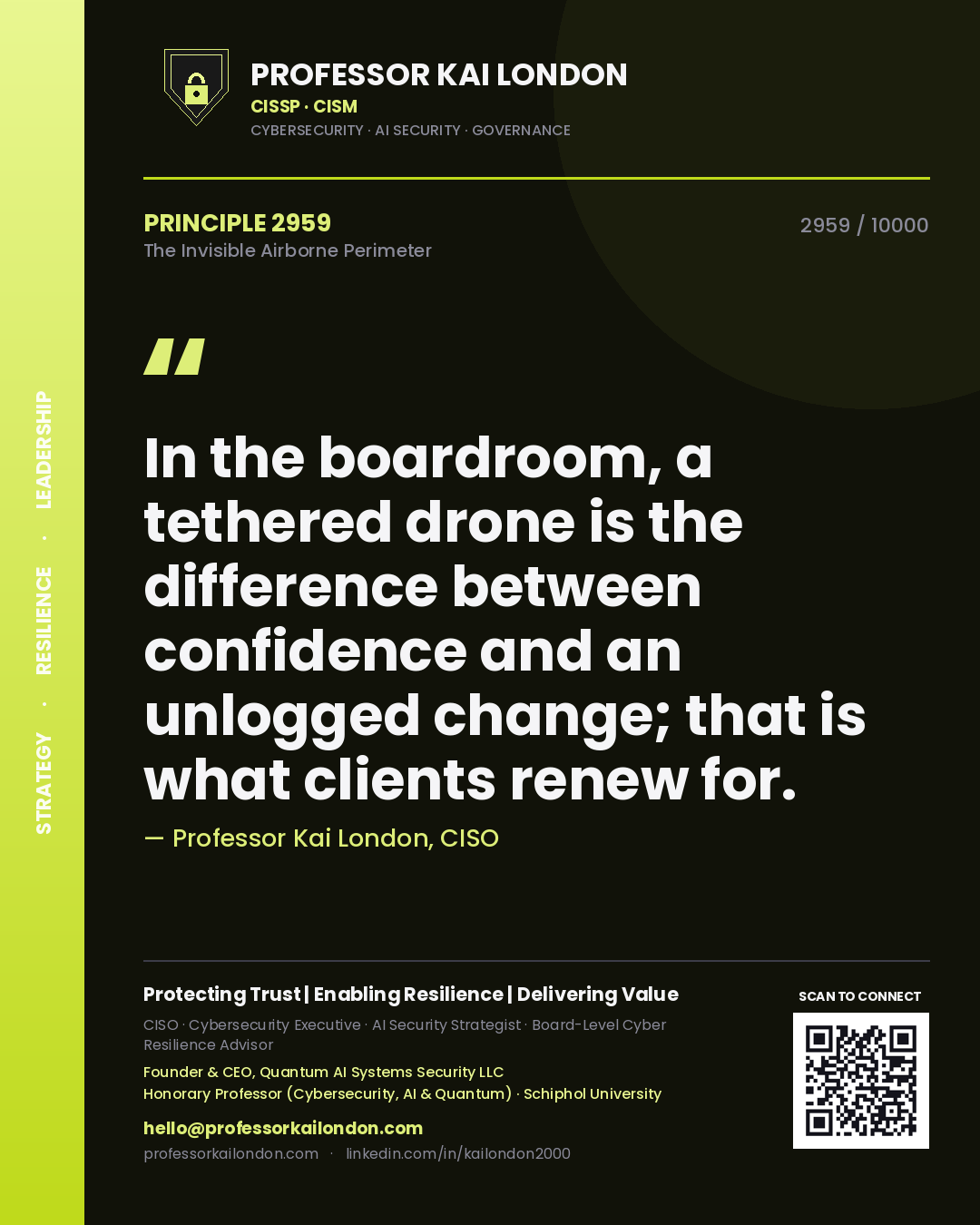 Professor Kai London principle 2959: In the boardroom, a tethered drone is the difference between confidence and an unlogged change; that is what clients renew for.