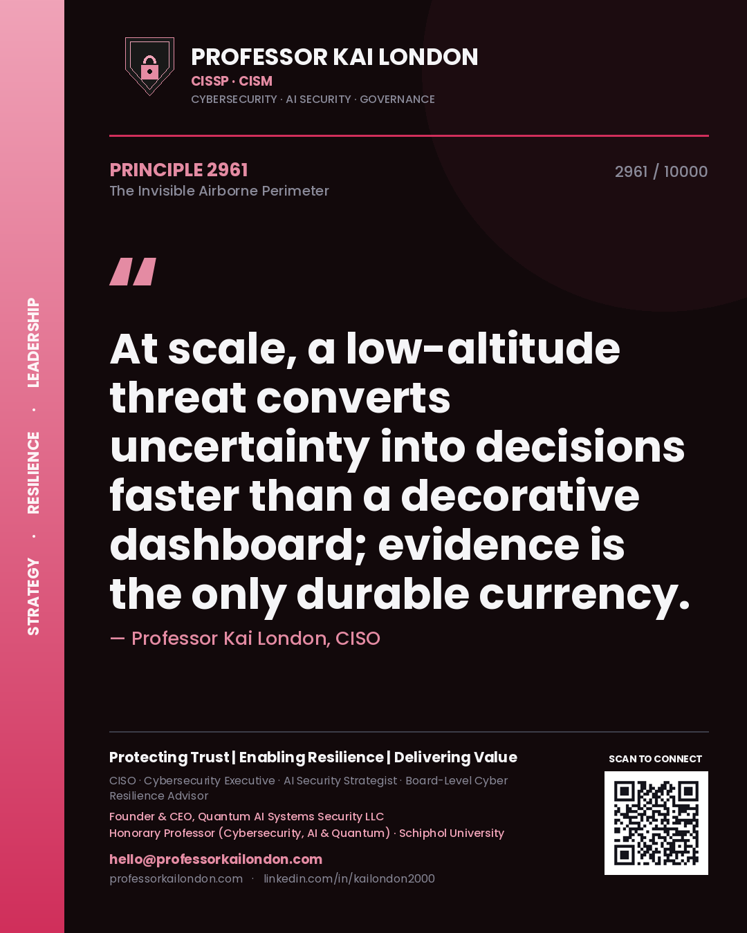 Quote card by Professor Kai London reading 'At scale, a low-altitude threat converts uncertainty into decisions faster than a decorative dashboard; evidence is the only durable currency.'. From the book The Invisible Airborne Perimeter.