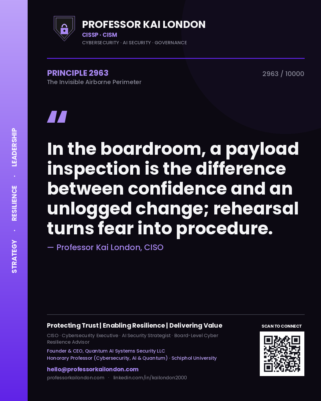 Professor Kai London principle 2963: In the boardroom, a payload inspection is the difference between confidence and an unlogged change; rehearsal turns fear into procedure.