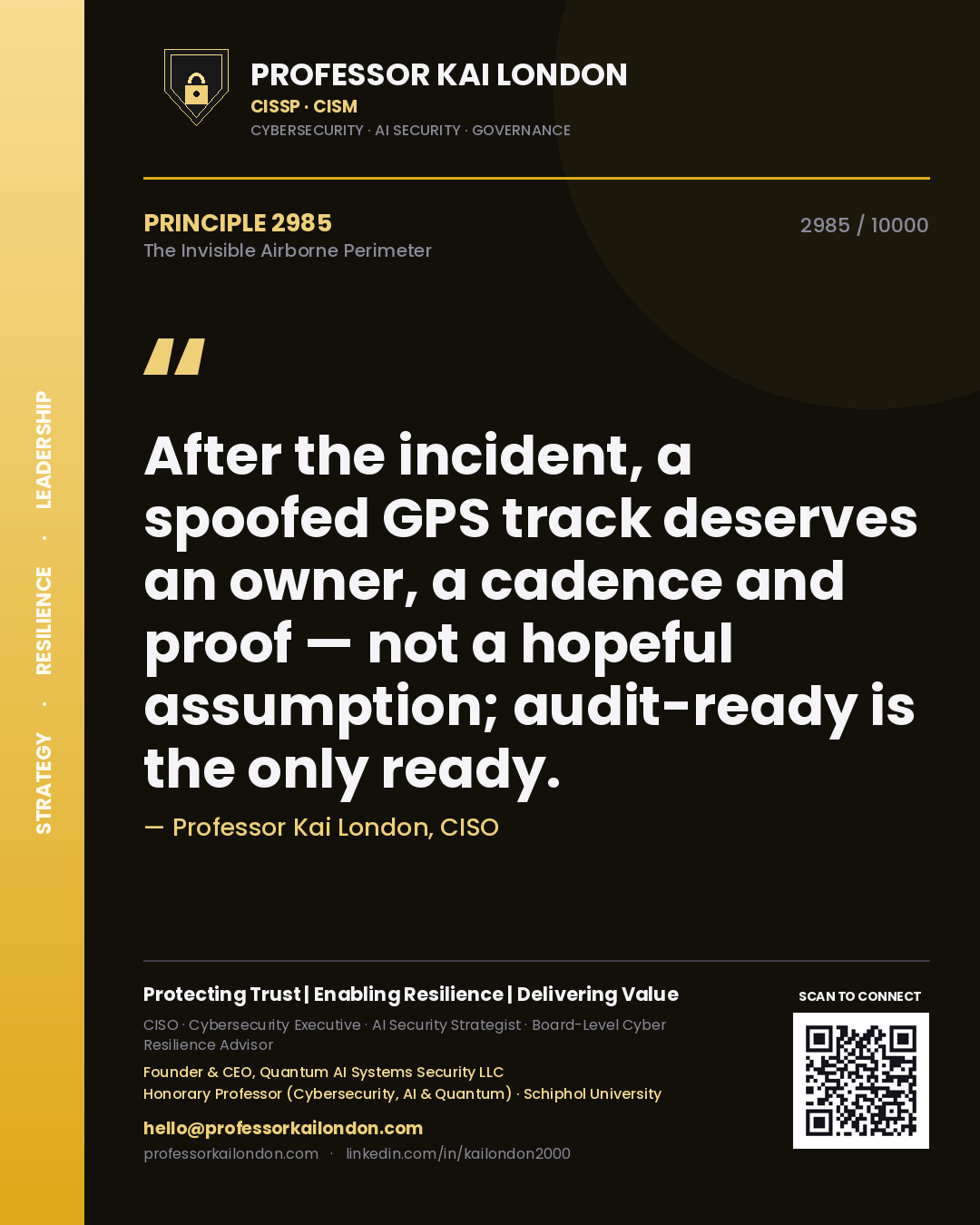 Professor Kai London principle 2985: After the incident, a spoofed GPS track deserves an owner, a cadence and proof — not a hopeful assumption; audit-ready is the only ready.
