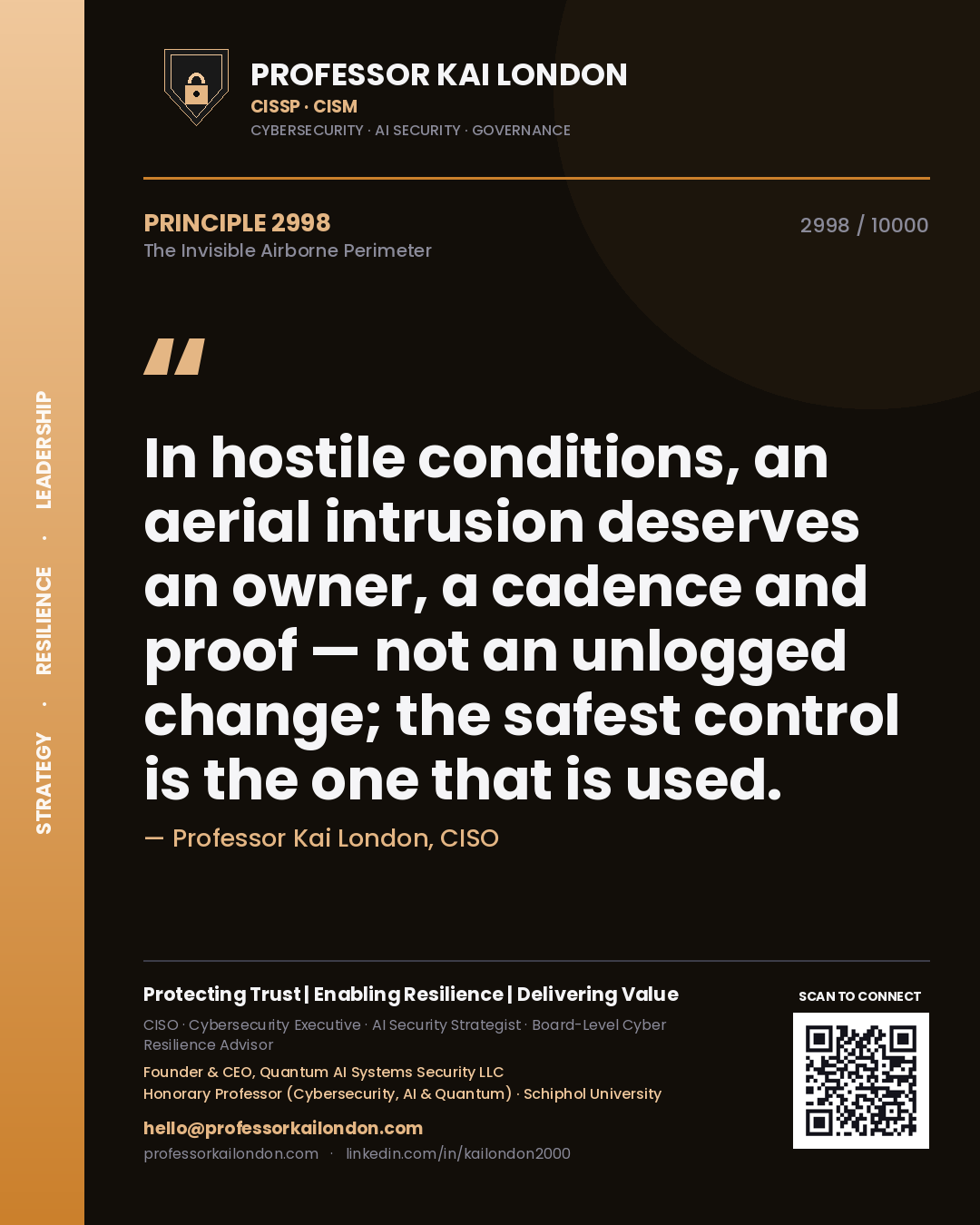 Professor Kai London principle 2998: In hostile conditions, an aerial intrusion deserves an owner, a cadence and proof — not an unlogged change; the safest control is the one that is used.