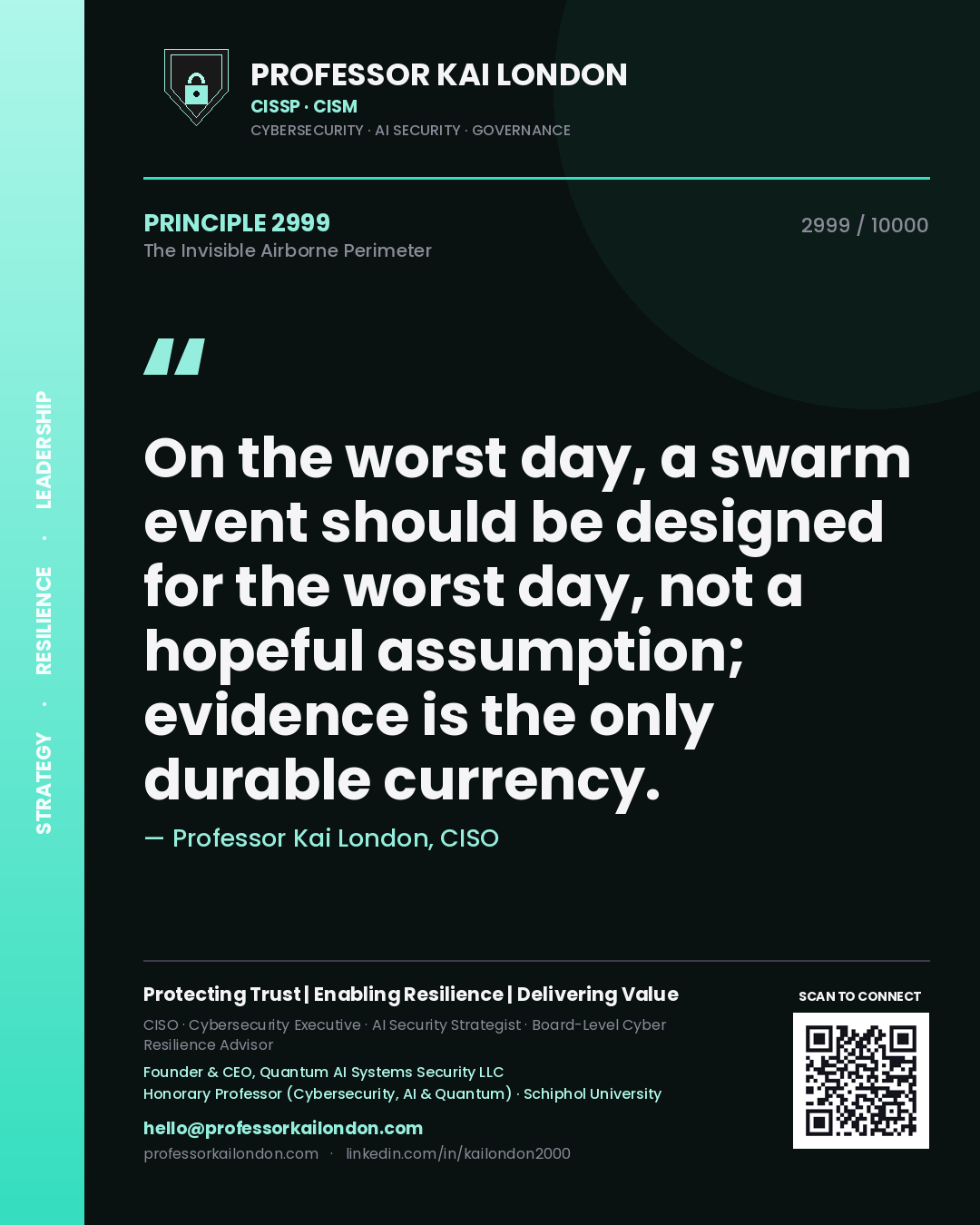 Professor Kai London principle 2999: On the worst day, a swarm event should be designed for the worst day, not a hopeful assumption; evidence is the only durable currency.