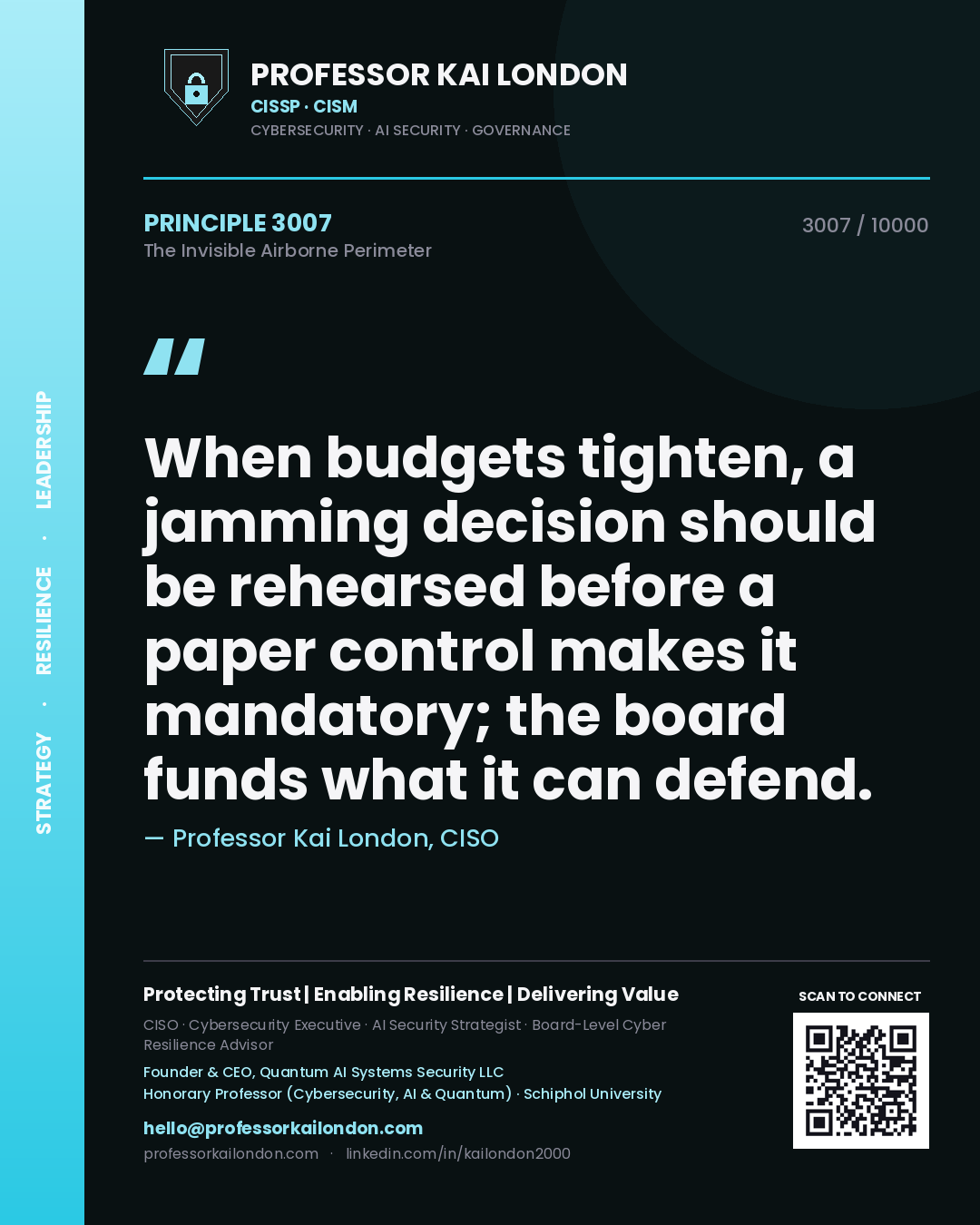 Quote card by Professor Kai London reading 'When budgets tighten, a jamming decision should be rehearsed before a paper control makes it mandatory; the board funds what it can defend.'. From the book The Invisible Airborne Perimeter.