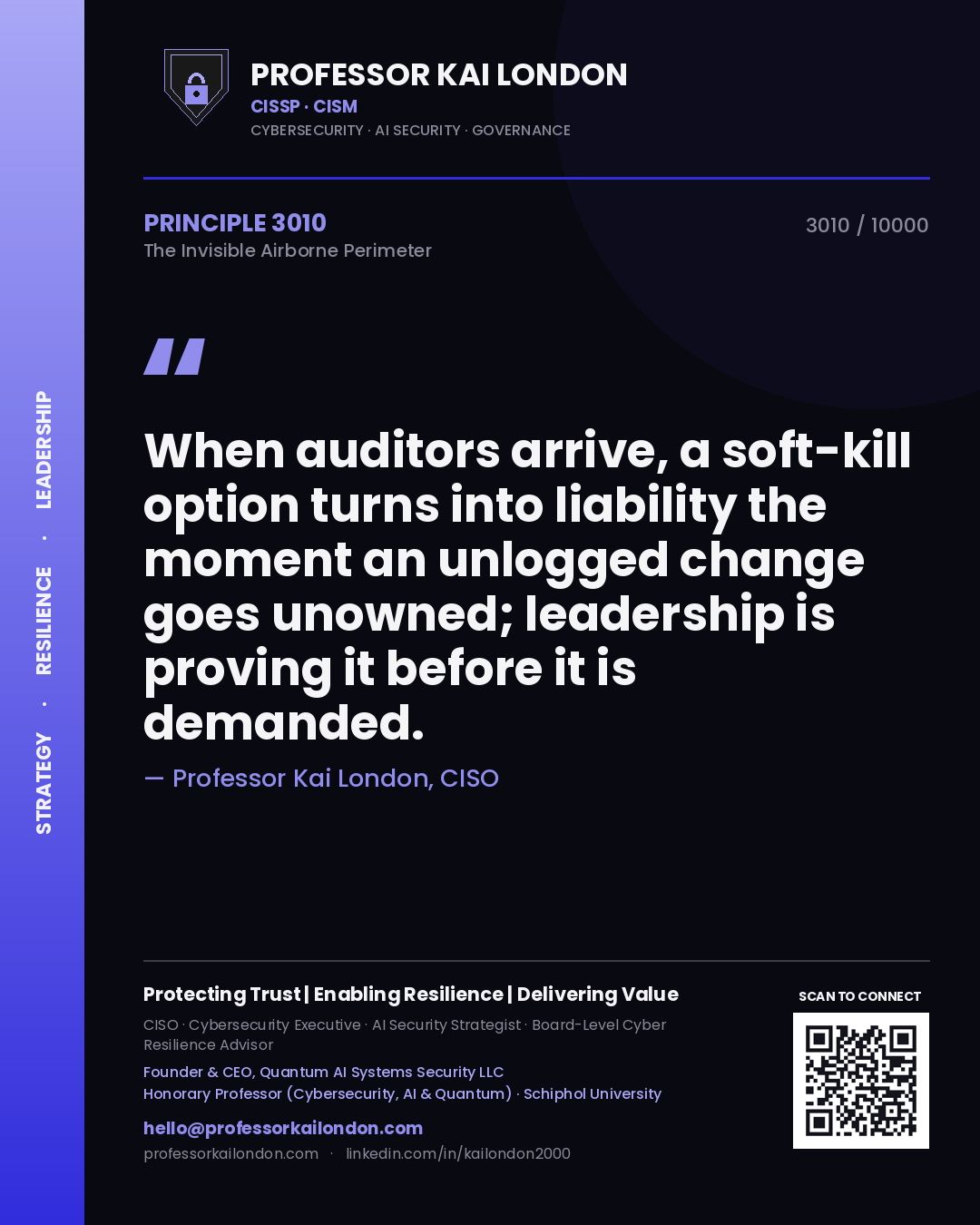 Professor Kai London principle 3010: When auditors arrive, a soft-kill option turns into liability the moment an unlogged change goes unowned; leadership is proving it before it is demanded.