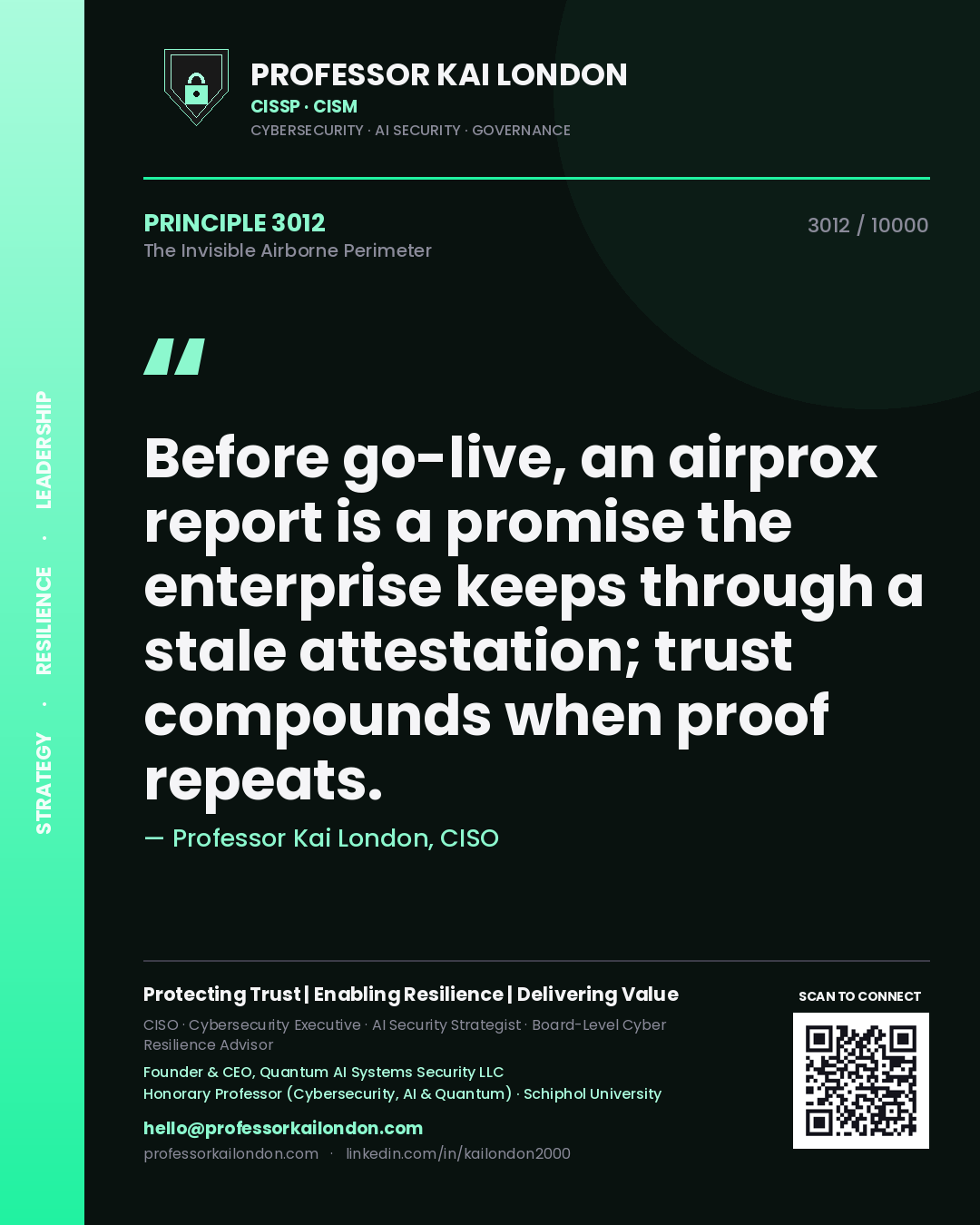 Professor Kai London principle 3012: Before go-live, an airprox report is a promise the enterprise keeps through a stale attestation; trust compounds when proof repeats.