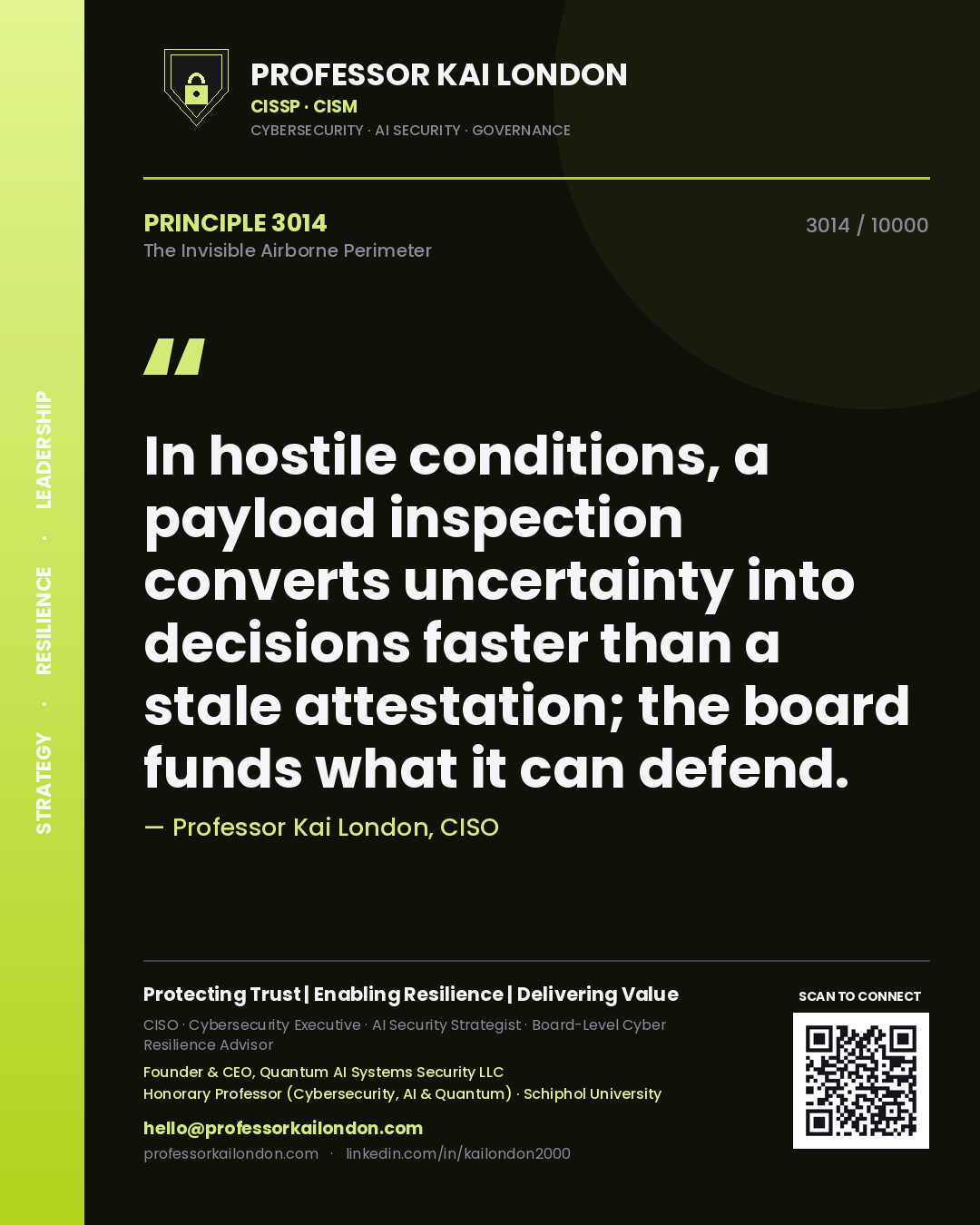 Professor Kai London principle 3014: In hostile conditions, a payload inspection converts uncertainty into decisions faster than a stale attestation; the board funds what it can defend.