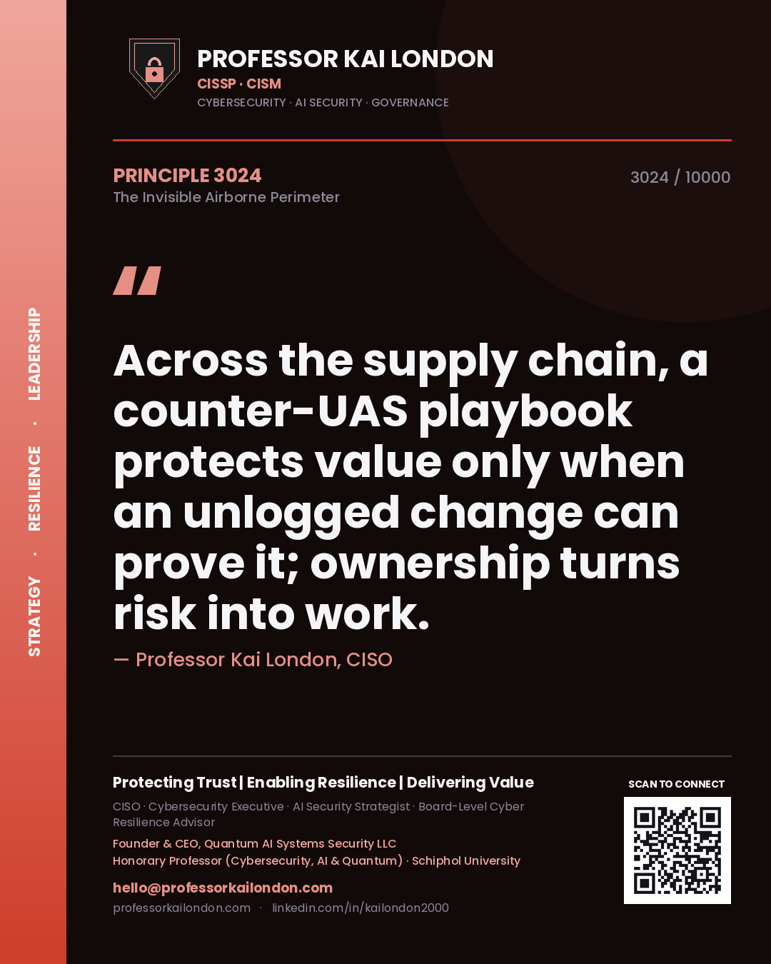 Quote card by Professor Kai London reading 'Across the supply chain, a counter-UAS playbook protects value only when an unlogged change can prove it; ownership turns risk into work.'. From the book The Invisible Airborne Perimeter.