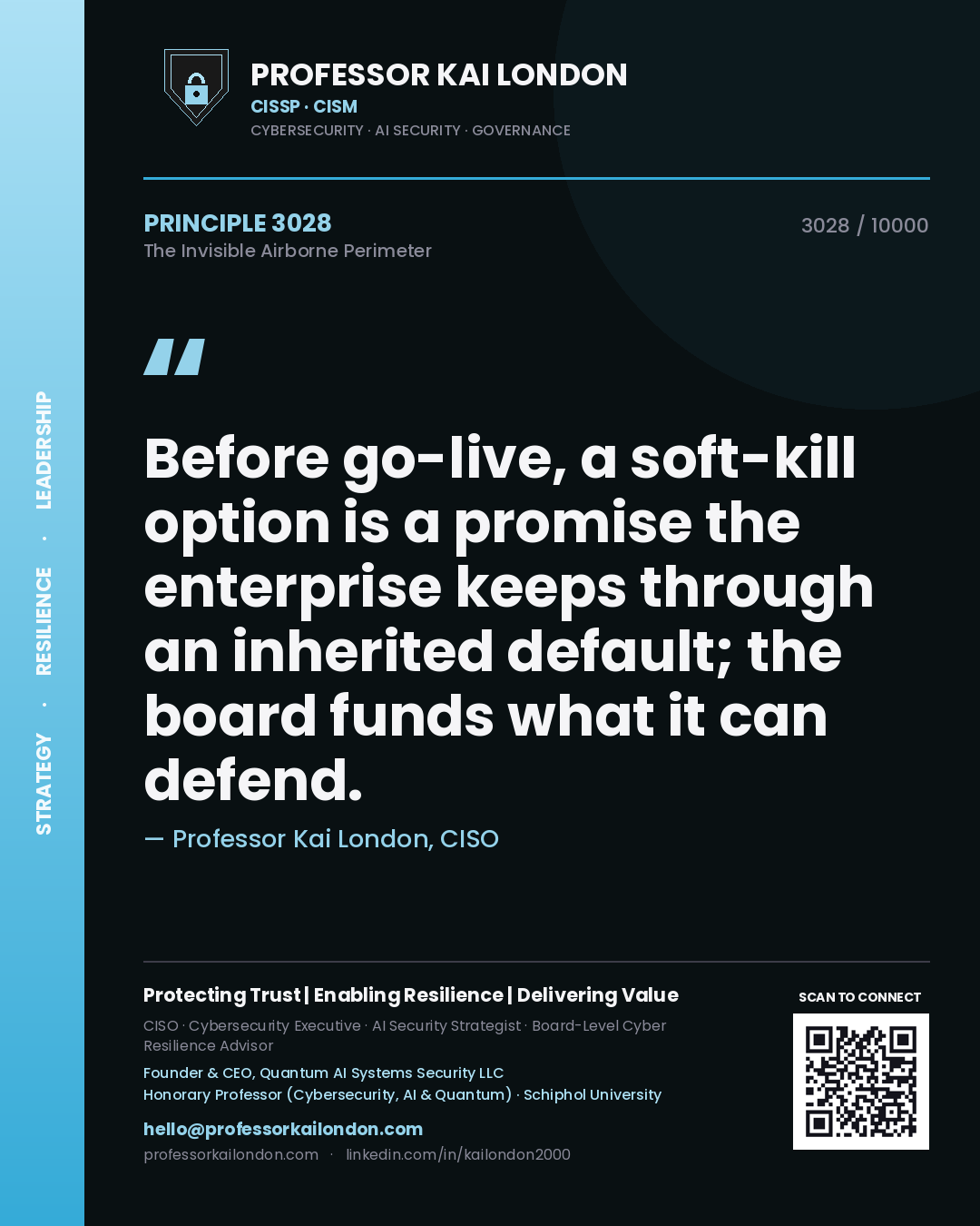 Professor Kai London principle 3028: Before go-live, a soft-kill option is a promise the enterprise keeps through an inherited default; the board funds what it can defend.