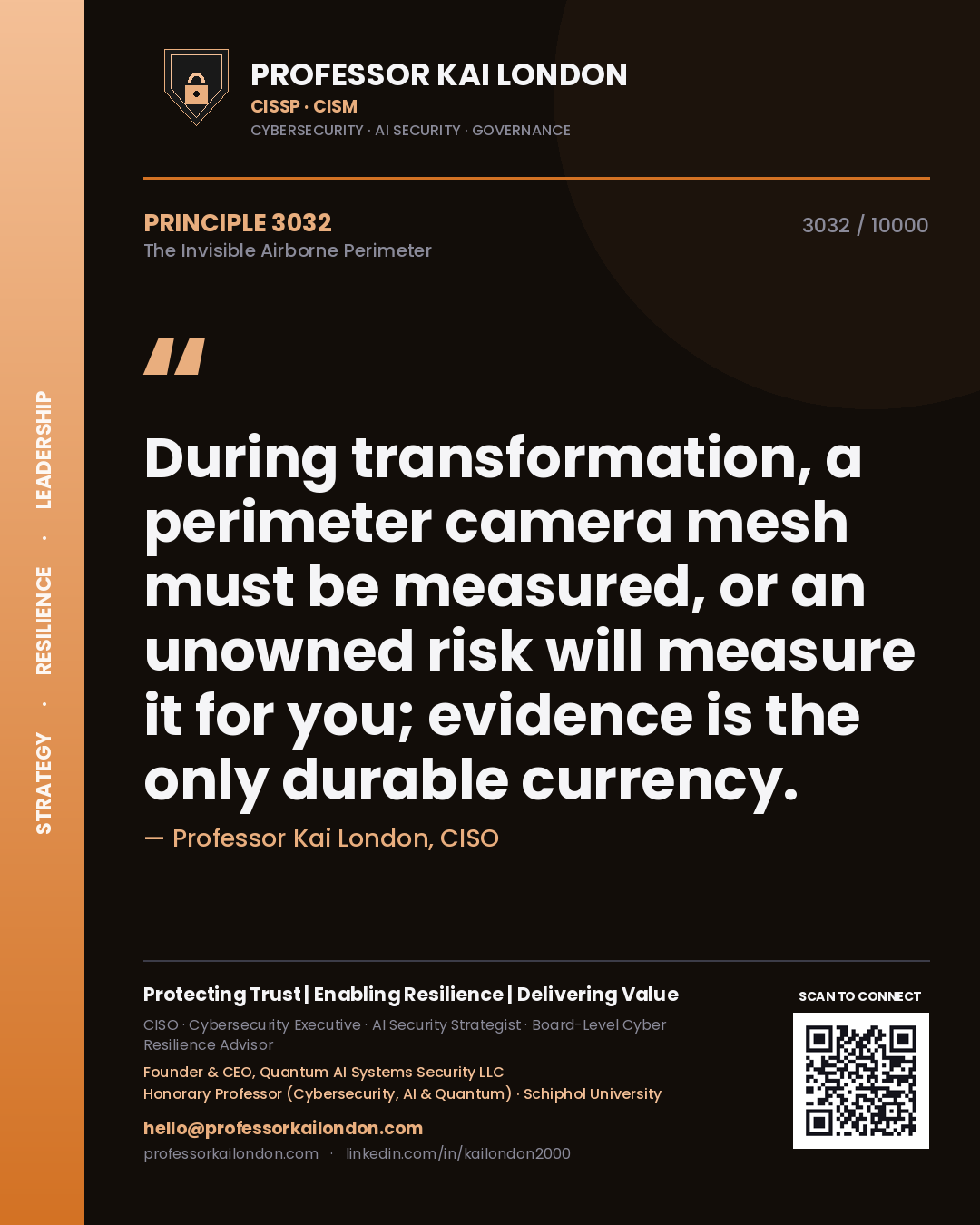 Professor Kai London principle 3032: During transformation, a perimeter camera mesh must be measured, or an unowned risk will measure it for you; evidence is the only durable currency.