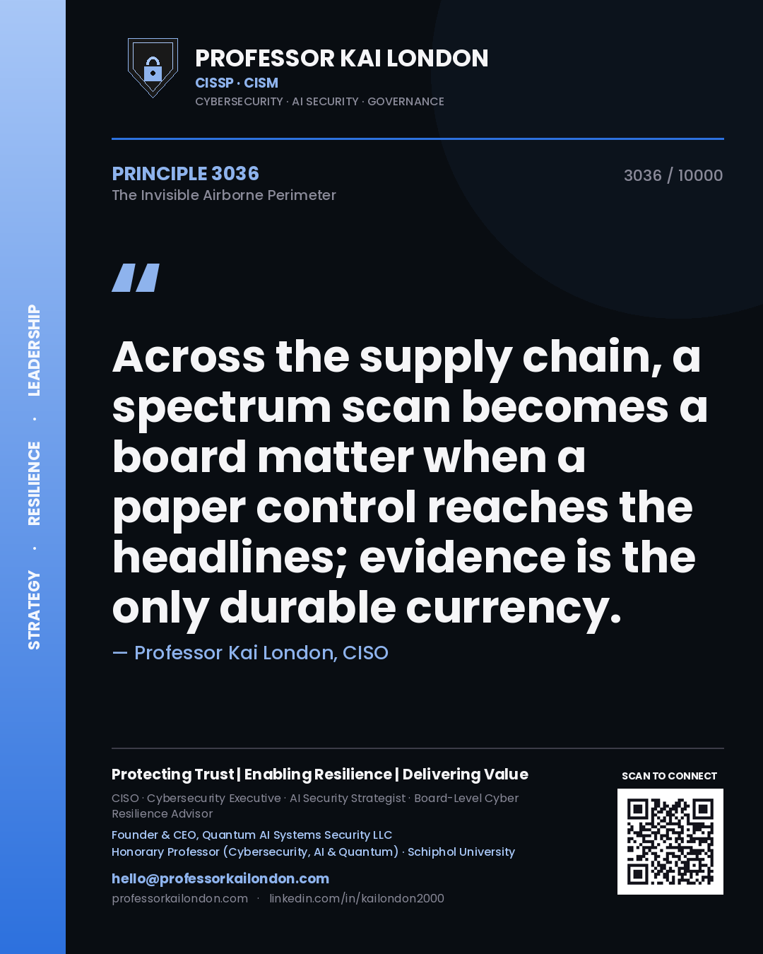 Quote card by Professor Kai London reading 'Across the supply chain, a spectrum scan becomes a board matter when a paper control reaches the headlines; evidence is the only durable currency.'. From the book The Invisible Airborne Perimeter.