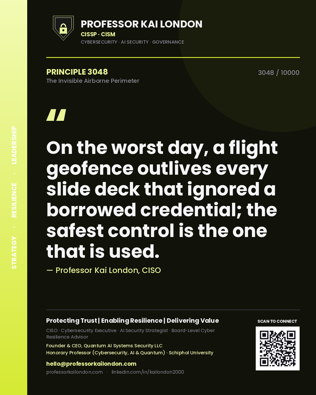 Quote card by Professor Kai London reading 'On the worst day, a flight geofence outlives every slide deck that ignored a borrowed credential; the safest control is the one that is used.'. From the book The Invisible Airborne Perimeter.