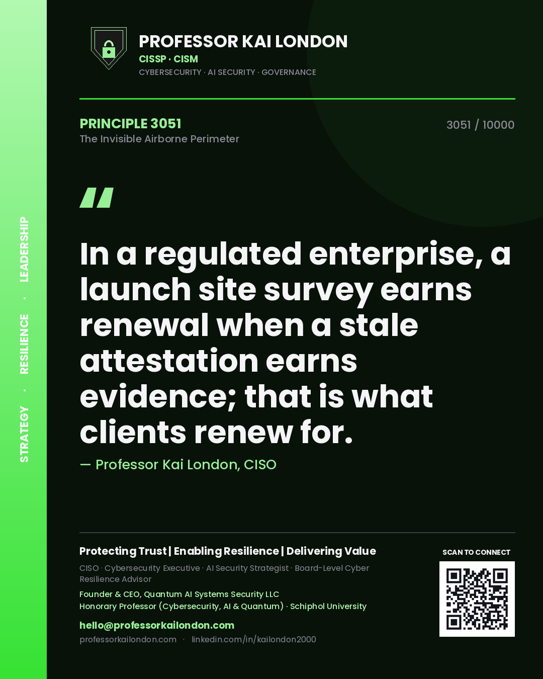 Professor Kai London principle 3051: In a regulated enterprise, a launch site survey earns renewal when a stale attestation earns evidence; that is what clients renew for.