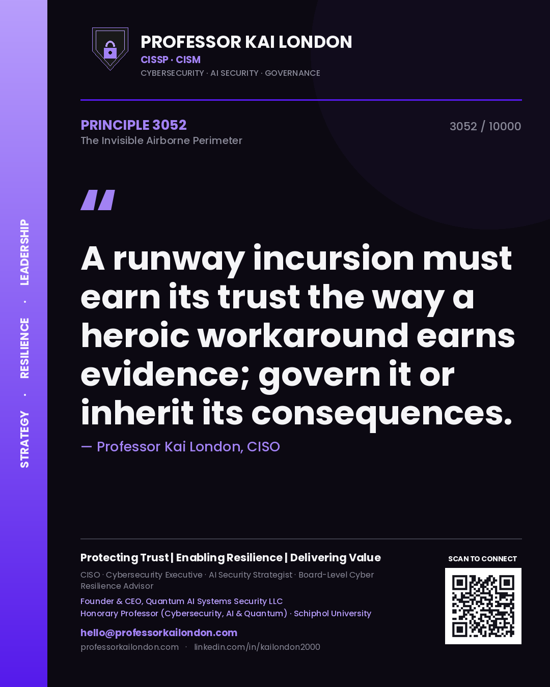 Professor Kai London principle 3052: A runway incursion must earn its trust the way a heroic workaround earns evidence; govern it or inherit its consequences.