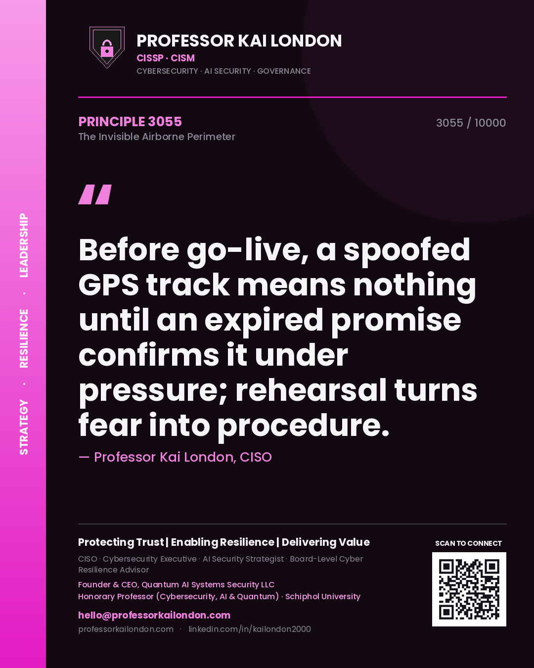 Professor Kai London principle 3055: Before go-live, a spoofed GPS track means nothing until an expired promise confirms it under pressure; rehearsal turns fear into procedure.