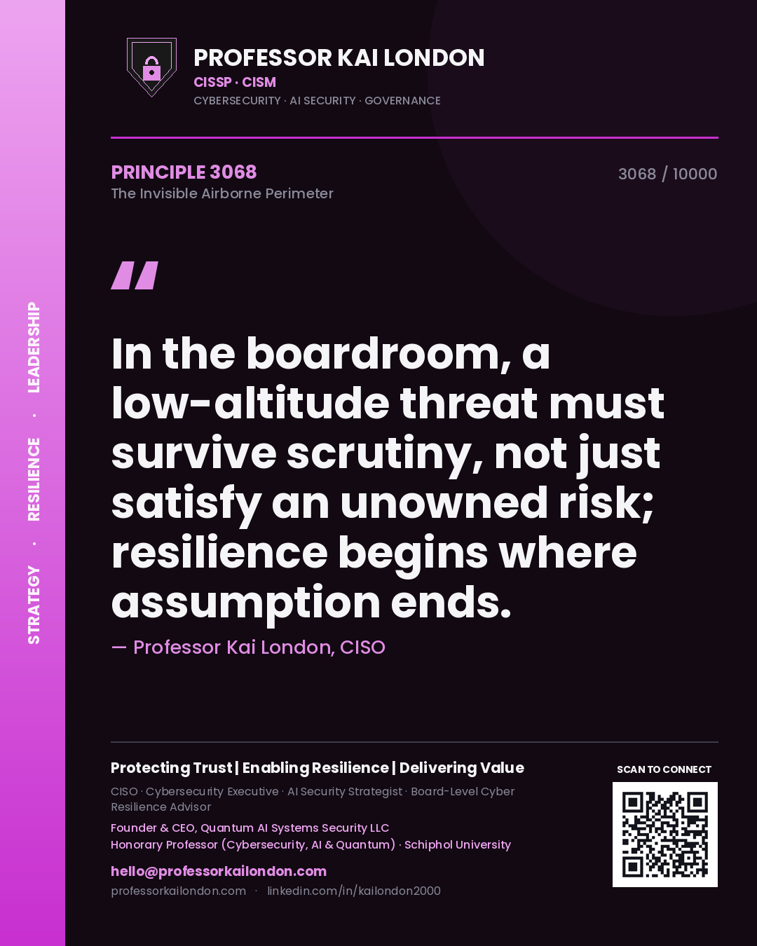 Professor Kai London principle 3068: In the boardroom, a low-altitude threat must survive scrutiny, not just satisfy an unowned risk; resilience begins where assumption ends.