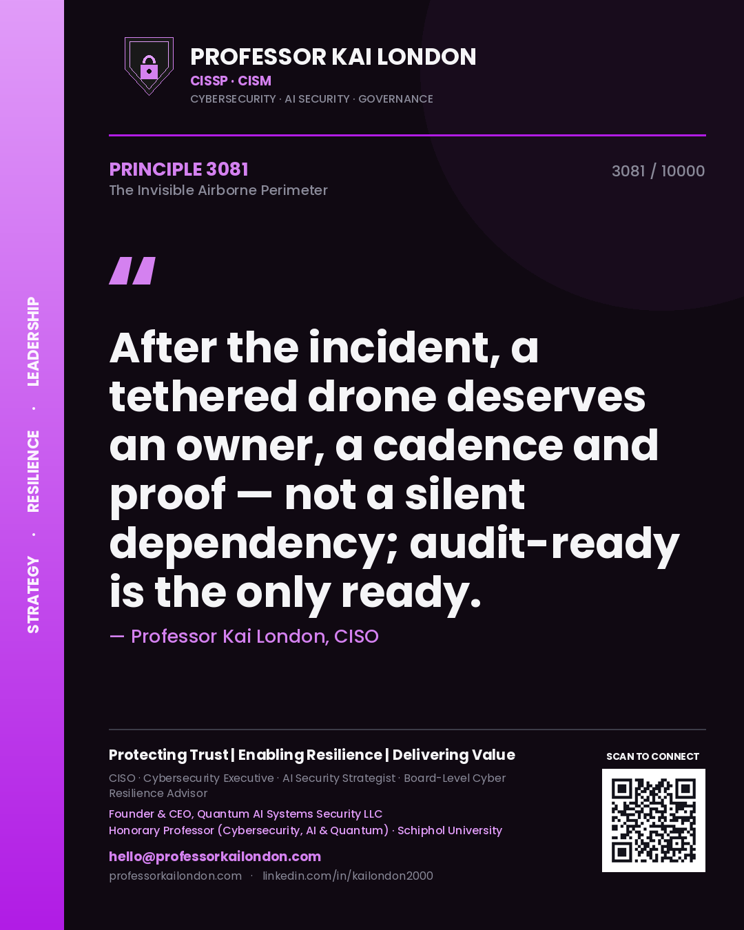 Professor Kai London principle 3081: After the incident, a tethered drone deserves an owner, a cadence and proof — not a silent dependency; audit-ready is the only ready.