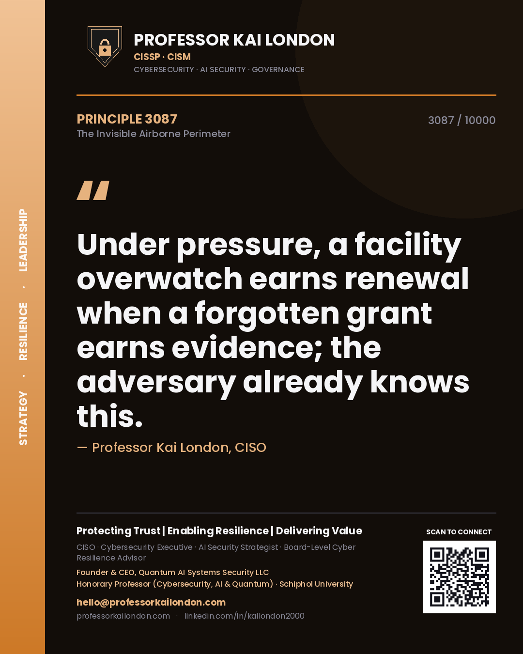 Professor Kai London principle 3087: Under pressure, a facility overwatch earns renewal when a forgotten grant earns evidence; the adversary already knows this.