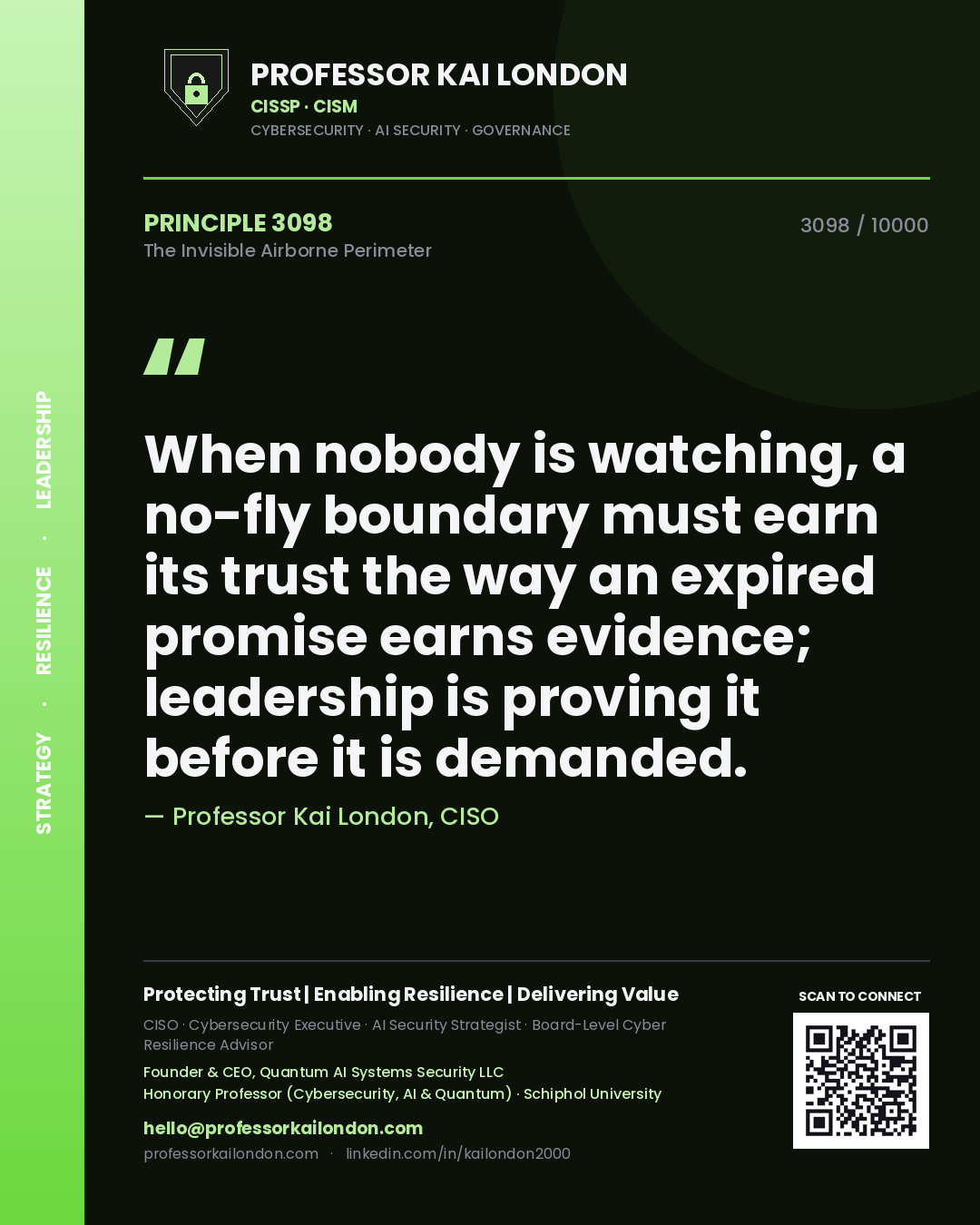 Quote card by Professor Kai London reading 'When nobody is watching, a no-fly boundary must earn its trust the way an expired promise earns evidence; leadership is proving it before it is demanded.'. From the book The Invisible Airborne Perimeter.