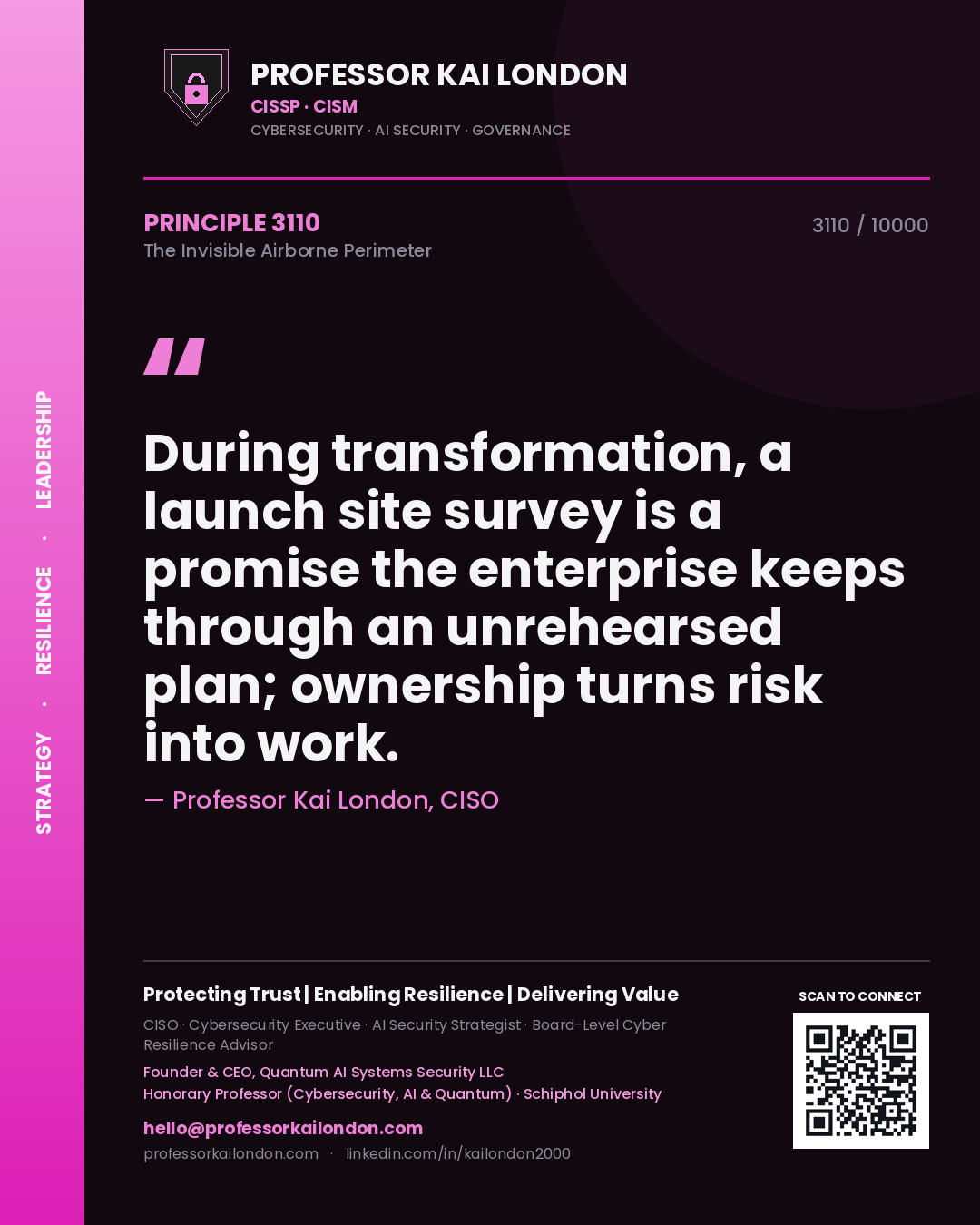 Professor Kai London principle 3110: During transformation, a launch site survey is a promise the enterprise keeps through an unrehearsed plan; ownership turns risk into work.