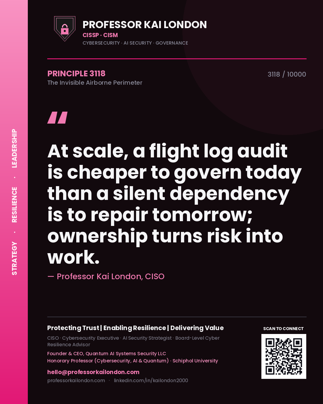 Professor Kai London principle 3118: At scale, a flight log audit is cheaper to govern today than a silent dependency is to repair tomorrow; ownership turns risk into work.