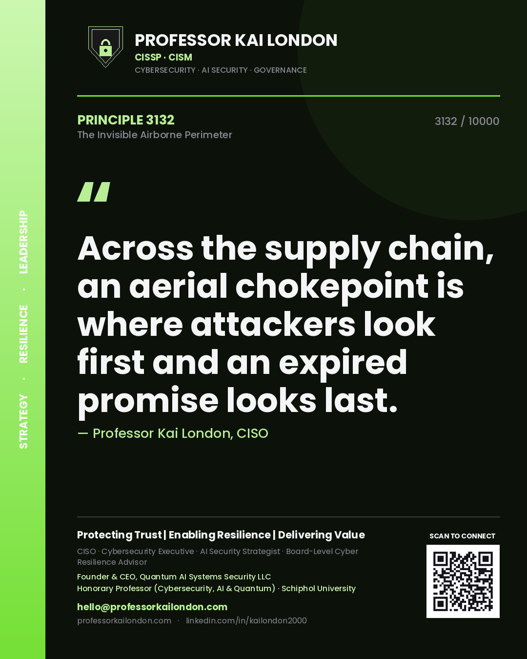 Professor Kai London principle 3132: Across the supply chain, an aerial chokepoint is where attackers look first and an expired promise looks last.