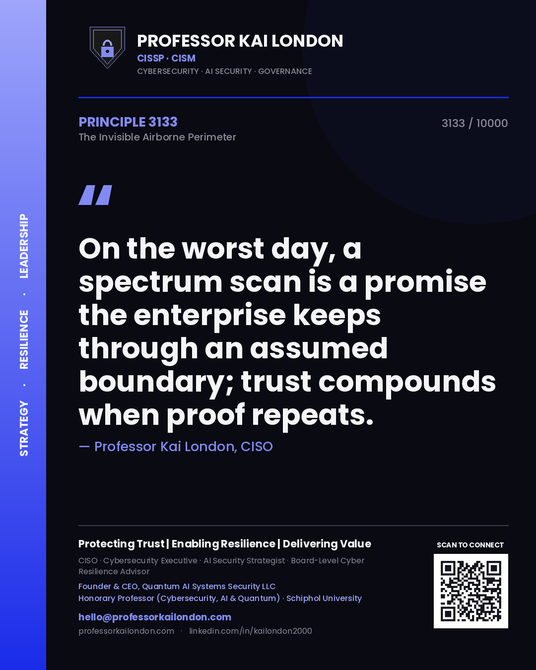 Professor Kai London principle 3133: On the worst day, a spectrum scan is a promise the enterprise keeps through an assumed boundary; trust compounds when proof repeats.