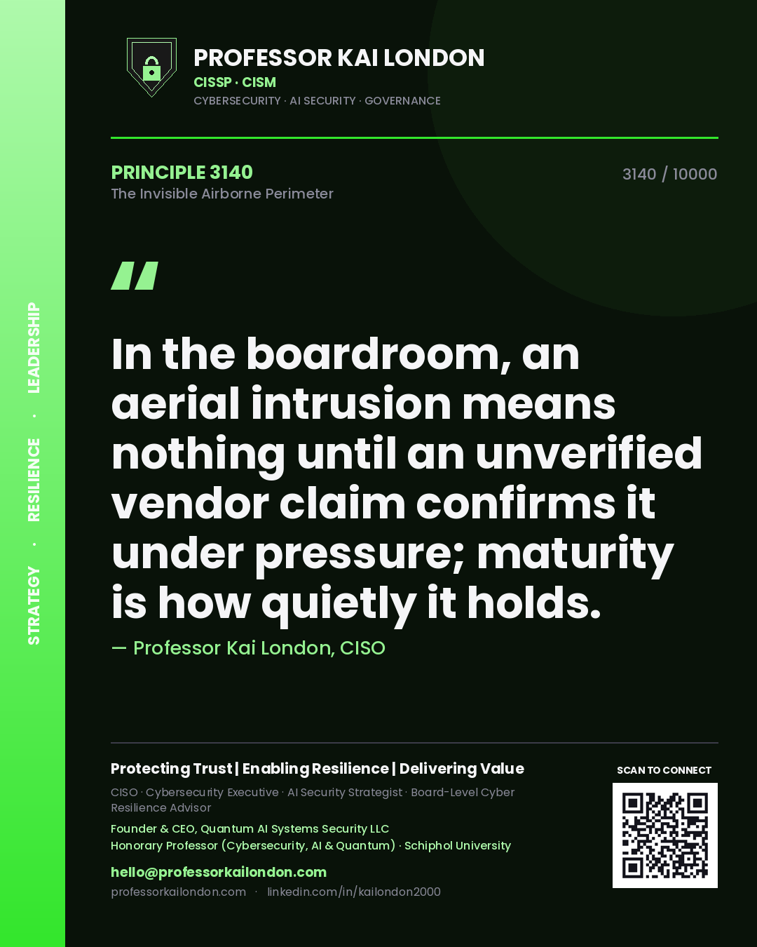 Professor Kai London principle 3140: In the boardroom, an aerial intrusion means nothing until an unverified vendor claim confirms it under pressure; maturity is how quietly it holds.