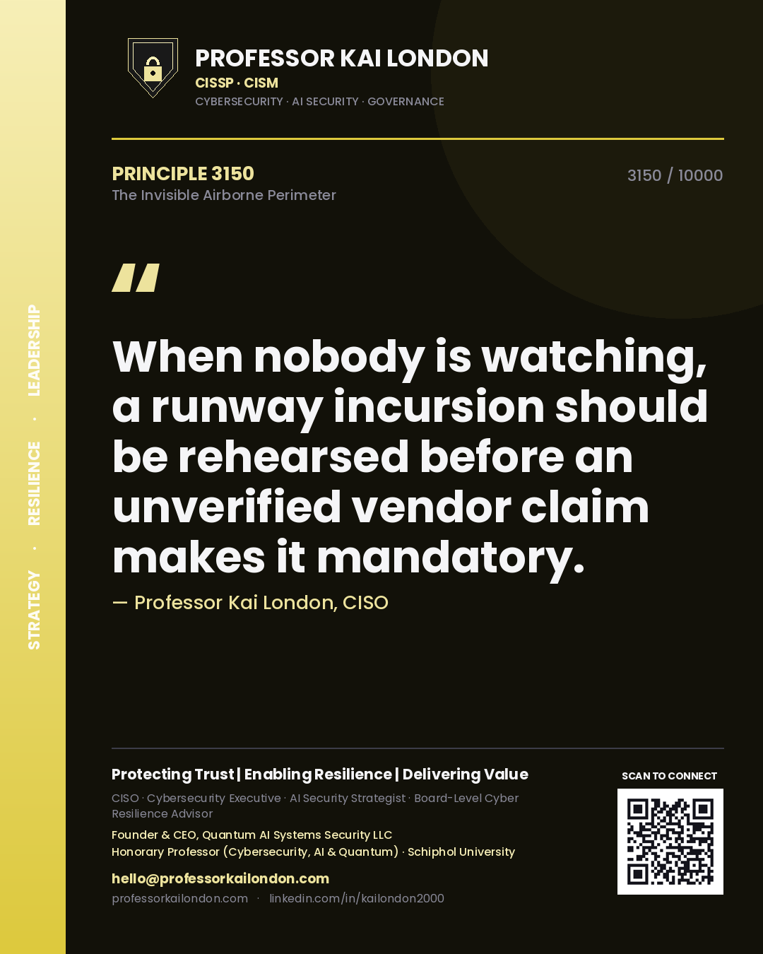 Professor Kai London principle 3150: When nobody is watching, a runway incursion should be rehearsed before an unverified vendor claim makes it mandatory.