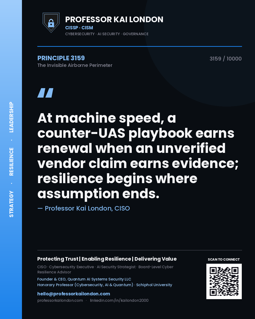 Professor Kai London principle 3159: At machine speed, a counter-UAS playbook earns renewal when an unverified vendor claim earns evidence; resilience begins where assumption ends.